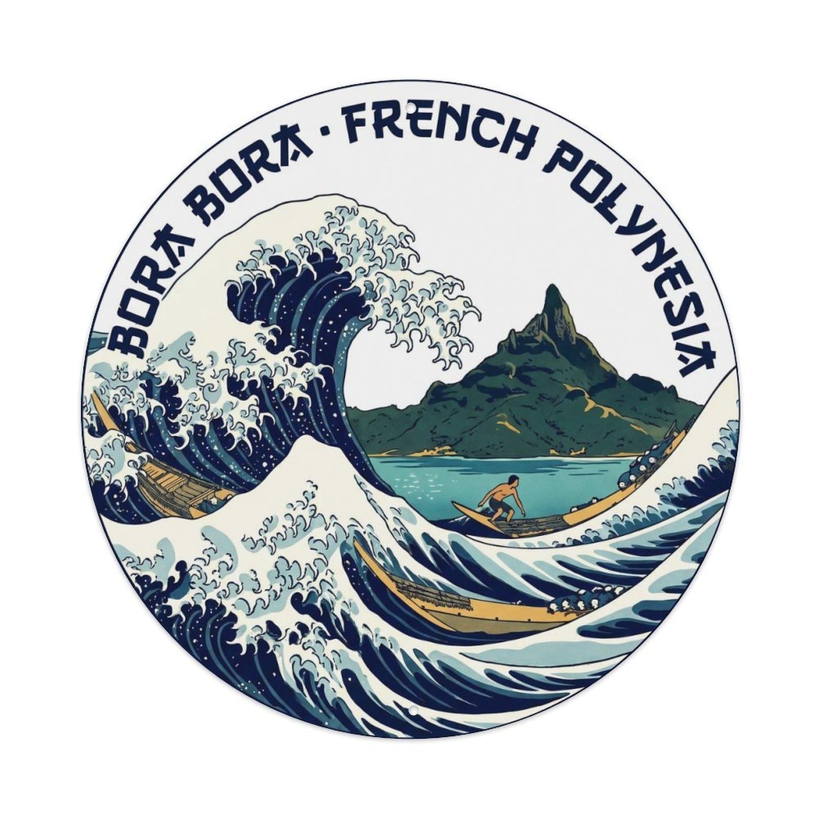 Surfing BoraBora Otemanu Lagoon Wave Woodblock Metal Tin Sign