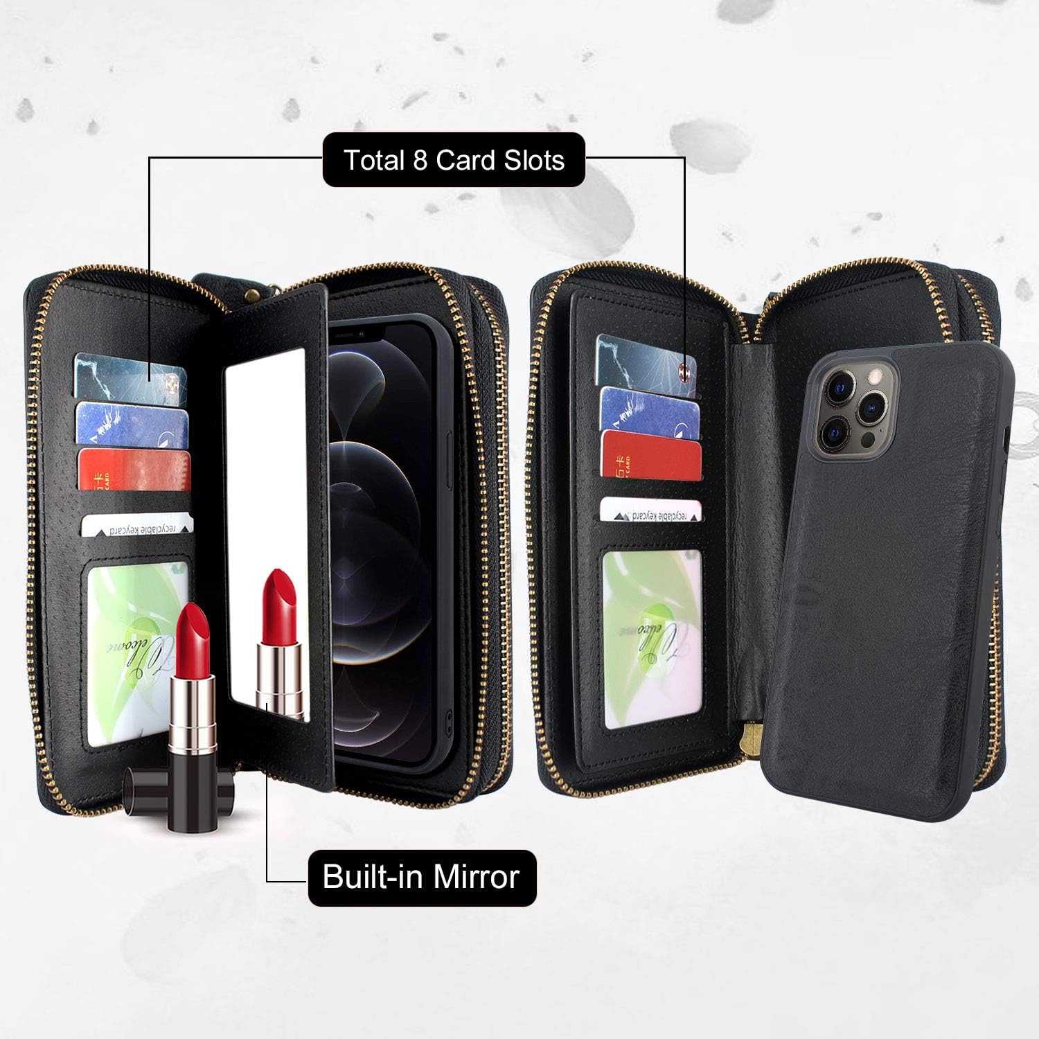 Harryshell Compatible with iPhone 12 Pro Max 6.7 inch 2020 Case Wallet Multi Zipper Detachable Magnetic Cover Clutch Purse with Card Slots Mirror Crossbody Chain Wrist Strap (Black)