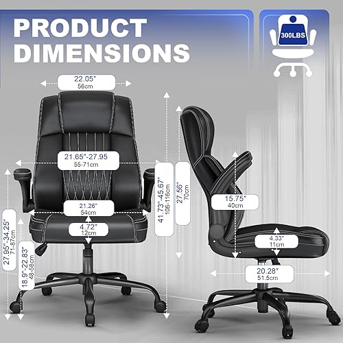 Miniatura 2 de Silla de oficina ejecutiva con soporte lumbar, sillas de escritorio ergonómicas de cuero con respaldo alto para computadora con brazos abatibles,