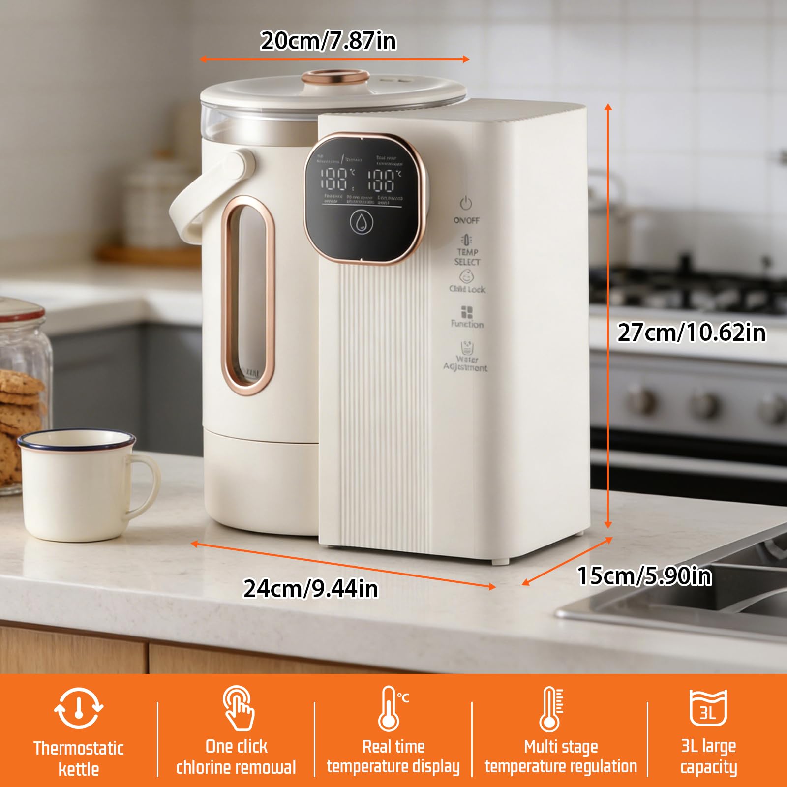 Distributeur d'eau Chaude Instantanée 3L, Chaudière À Eau De Comptoir portable avec LED, Réglage de la Température 45-95°C, chauffage rapide 3S pour Maison bureau camping hôtel