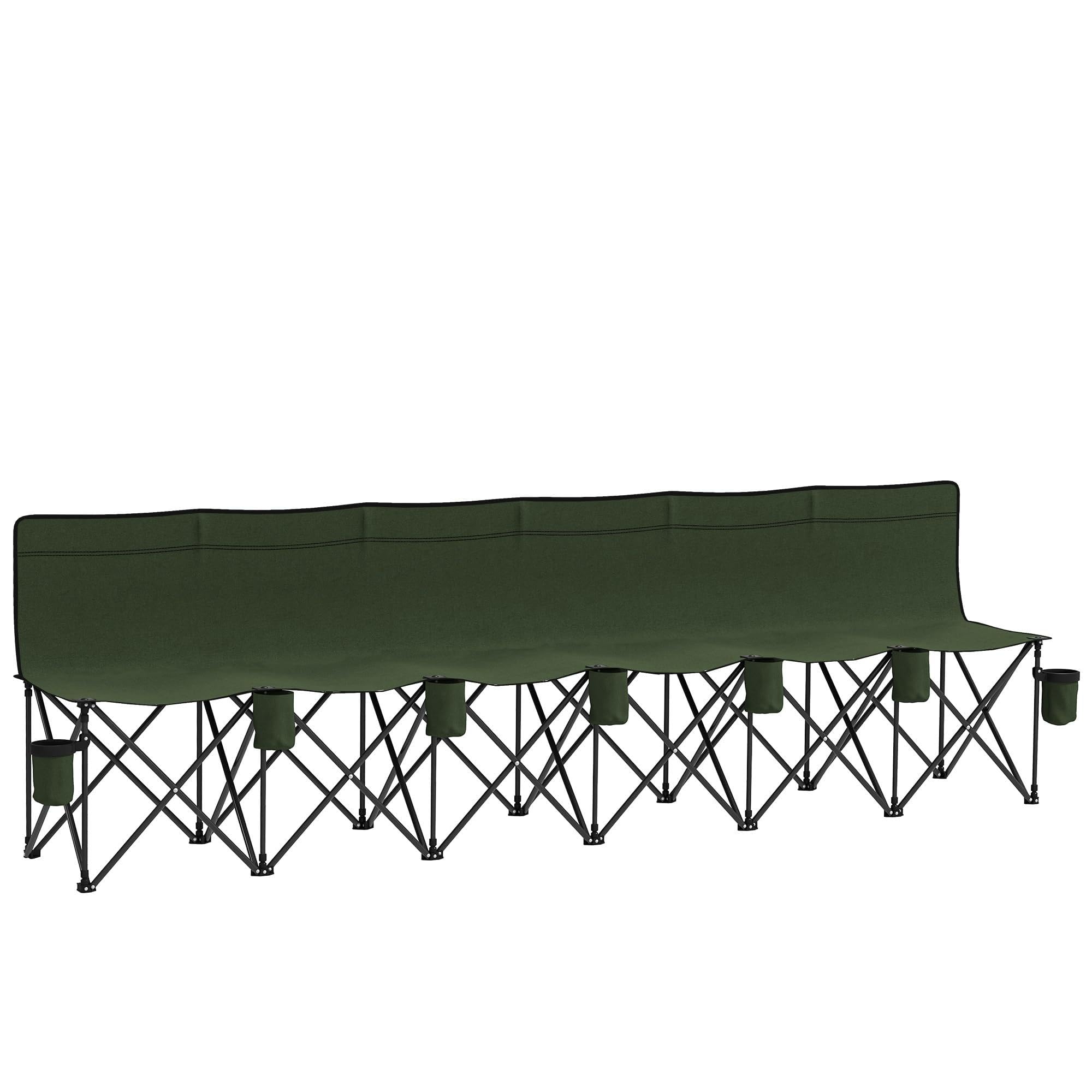Outsunny 6 Seater Folding Bench, Outdoor Camping Chair Portable Sports Spectator Chair with Metal Frame, Cup Holder & Carry Bag, Green