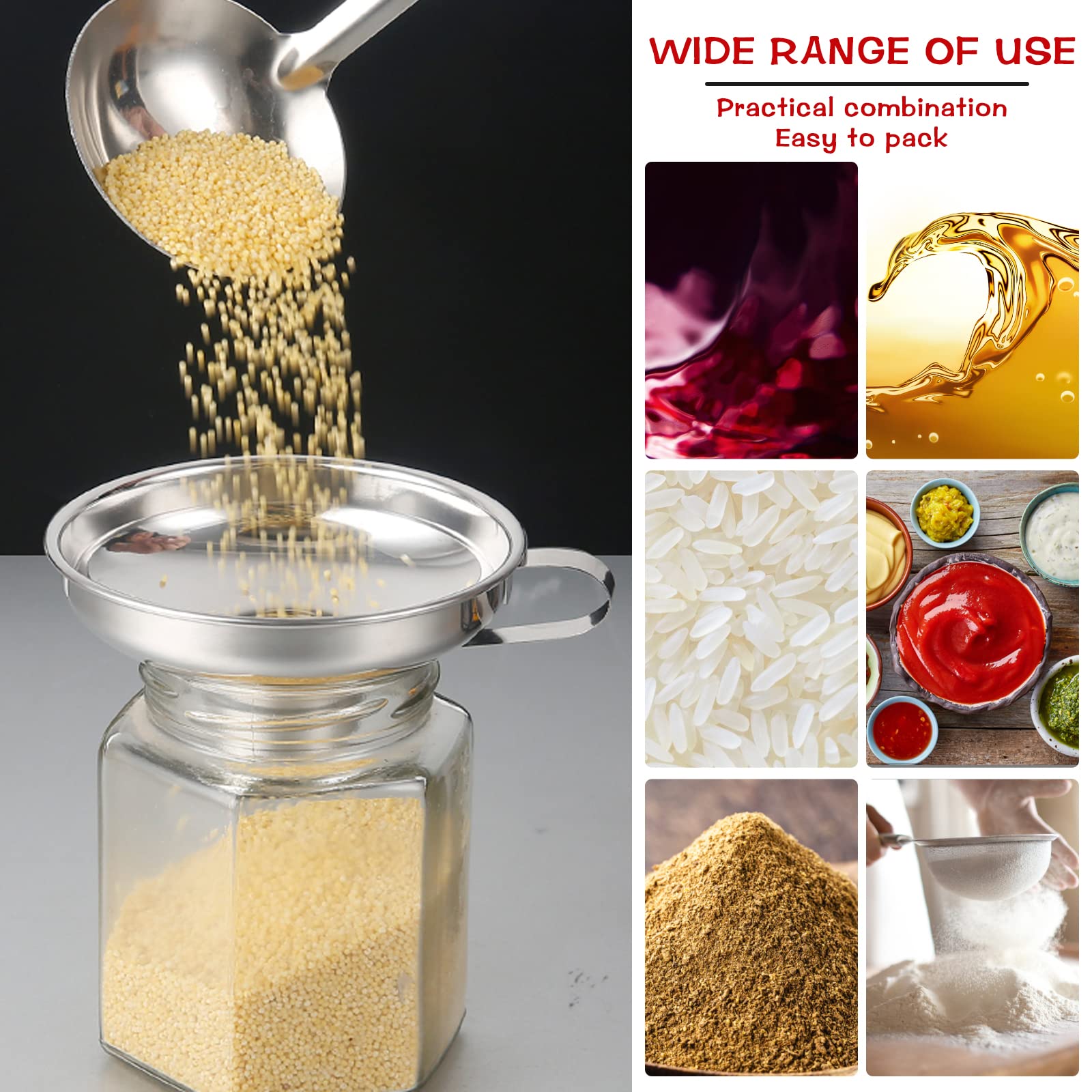 4 pezzi Imbuto da cucina in acciaio inox con pinze per barattoli di conservazione, piccolo imbuto per marmellata, per liquidi, profumi, polveri, oli (argento)