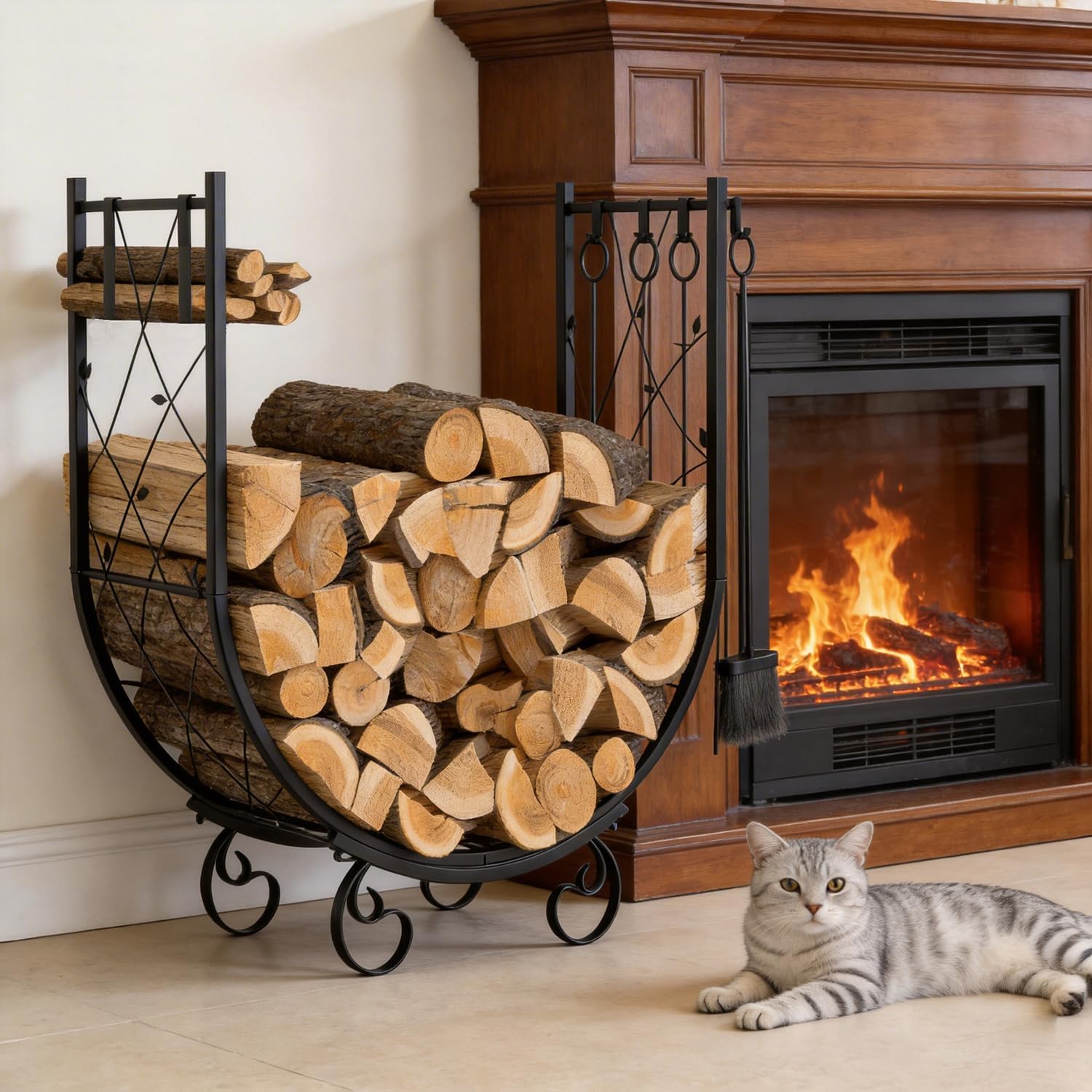 U-Shaped Firewood Rack with Tools, Outdoor Log Holder for Fireplace Patio Garage Deck, Heavy Duty Fire Wood Storage Stand