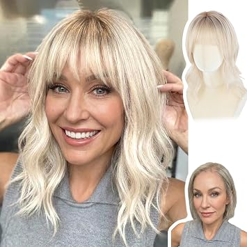 WIGYY Light Blonde Wavy Bob Wig for White Women Shoulder Length Synthetic Lace Front Wig with Bangs, Glueless Heat-Resistant Realistic Scalp, Lightweight Daily Wig for Older Women