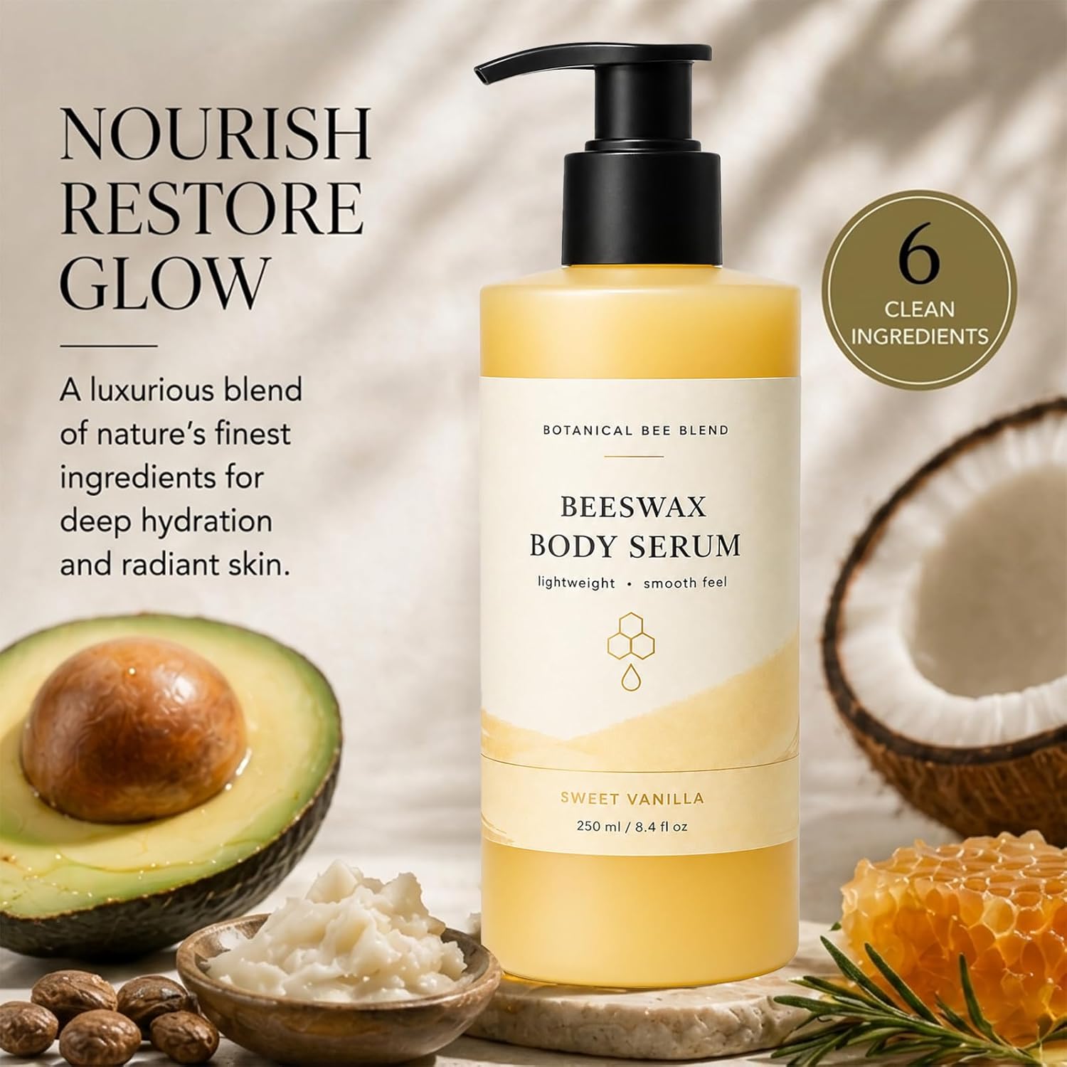 Beeswax Body Serum for Dry Skin, Natural Beeswax Moisturizer Body Oil for Women, Vanilla Body Lotion for Crepey Skin, Fast Absorbing, Shower Use Body Moisturizer (1 Pack)