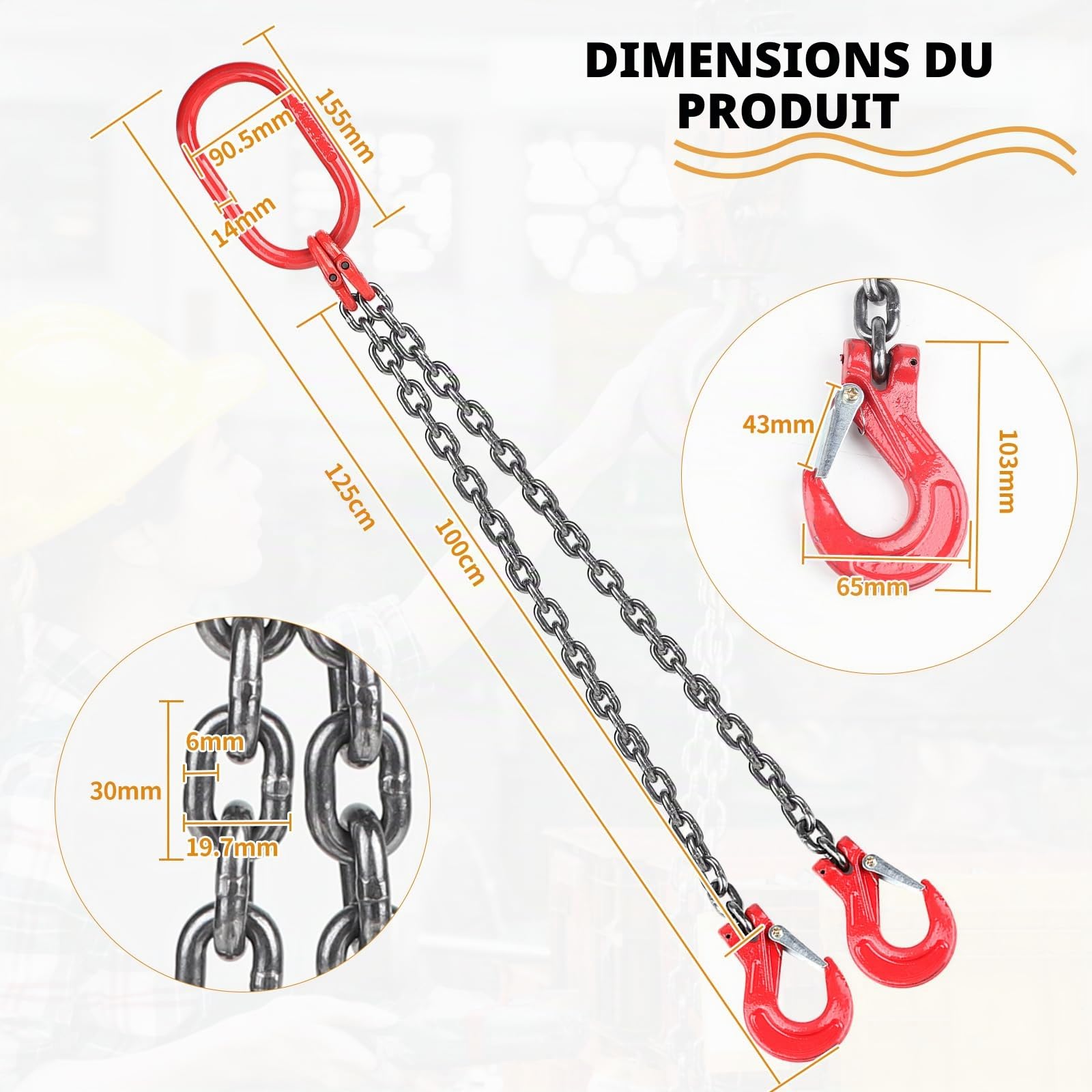 DBREAKS Élingue de Levage 2 Pieds pour Chariot Élévateur - Chaîne en Acier Allié 1m, 8mm, Capacité 2T