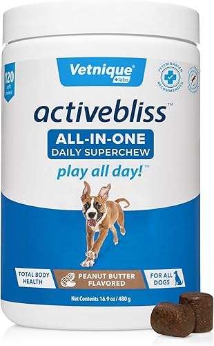 Vetnique Activebliss Superchew diario todo en uno - Multivitamínico para perros lleno de energía con mezcla MegaShroom, superalimentos, probióticos