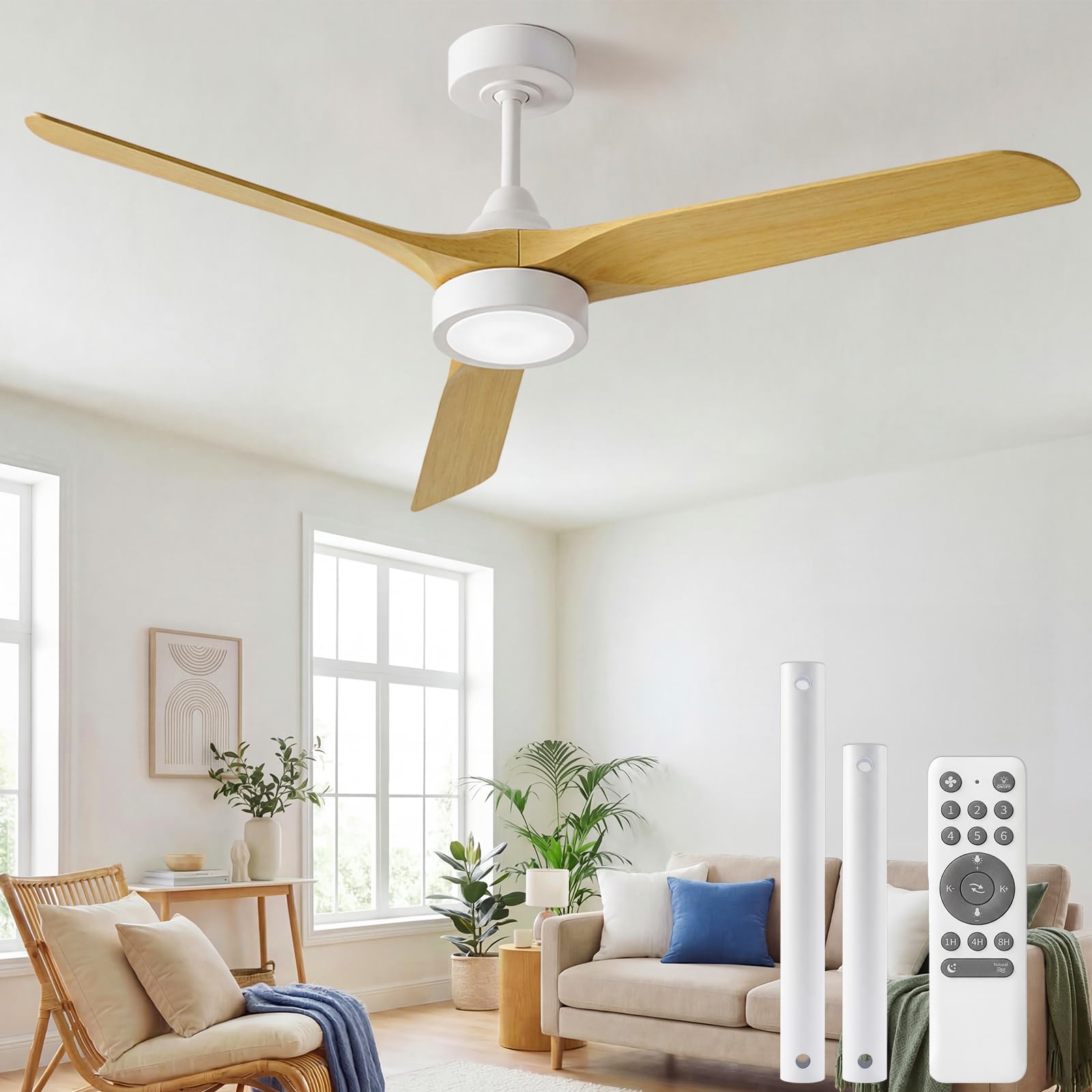 Ateroll Ventilador de Techo con Luz Silencioso, 132cm ABS Ventilador Techo con Luz y Mando a Distancia, Velocidades, Temporizador, Función Verano-invierno, para Dormitorio Salón Exterior Terraza