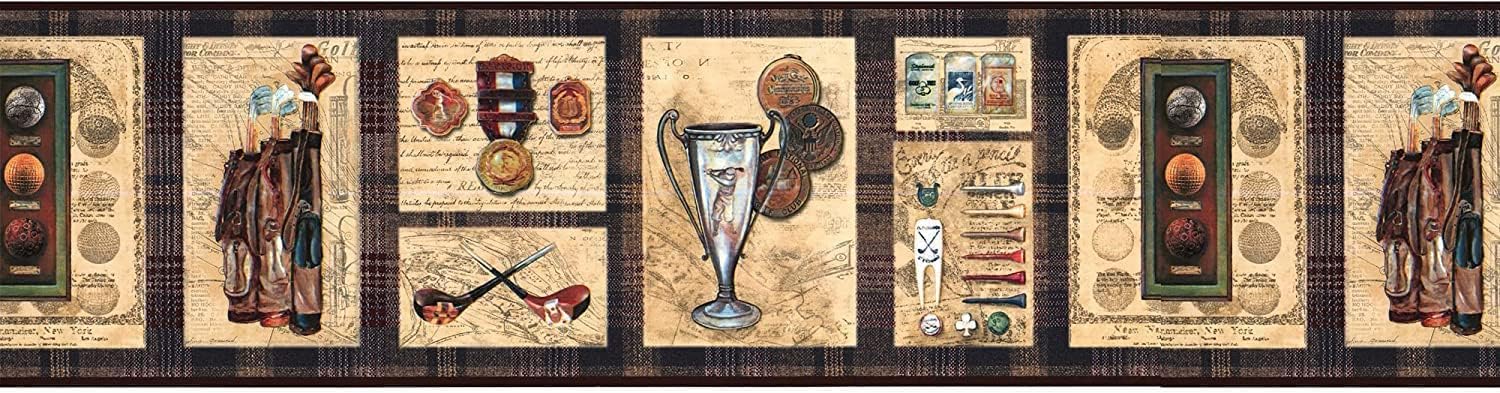CONCORD WALLCOVERINGS ™ Wallpaper Border Sport Pattern Country Club Golf for Home Office Gym, Brown Beige Red Blue White, 7 Inches by 15 Feet LL65151B_