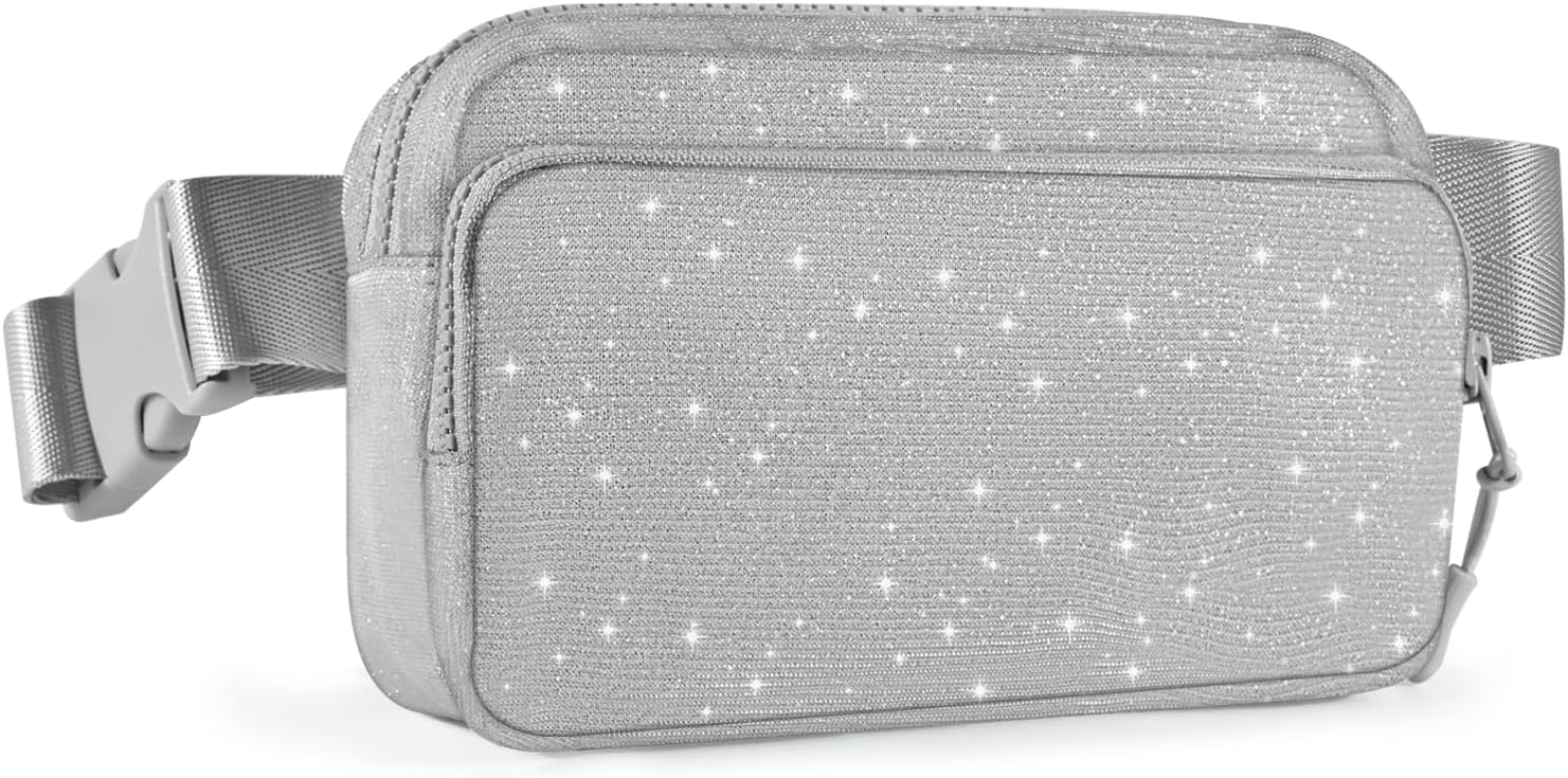 Silver Glitter Fanny Pack for Women Sparkle Belt Bag Casual Waist Pack Adjustable Strap Waist Bag Travel Shopping Cycling Running Hiking