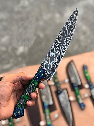 Miniatura 2 de Juego de 7 cuchillos de chef de acero de Damasco hecho a mano, cuchillos de hoja fija con kit de rollo de cuero, mango de madera negro azul verde)