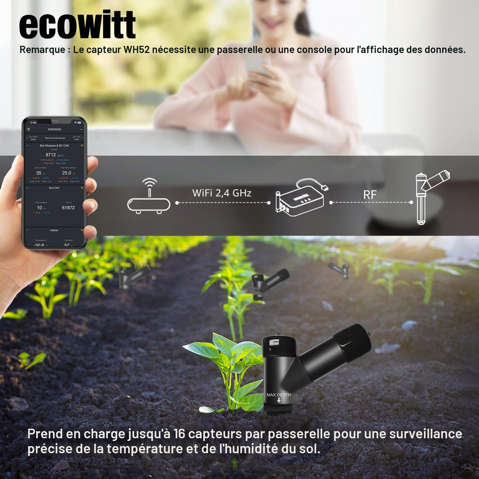 ECOWITT Capteur d'humidité du Sol 3 en 1 à 16 canaux + capteur EC du Sol + thermomètre, Moniteur d'eau pour Plantes, testeur d'hygromètre et de température du Sol 4 pièces WH52 + passerelle GW3000