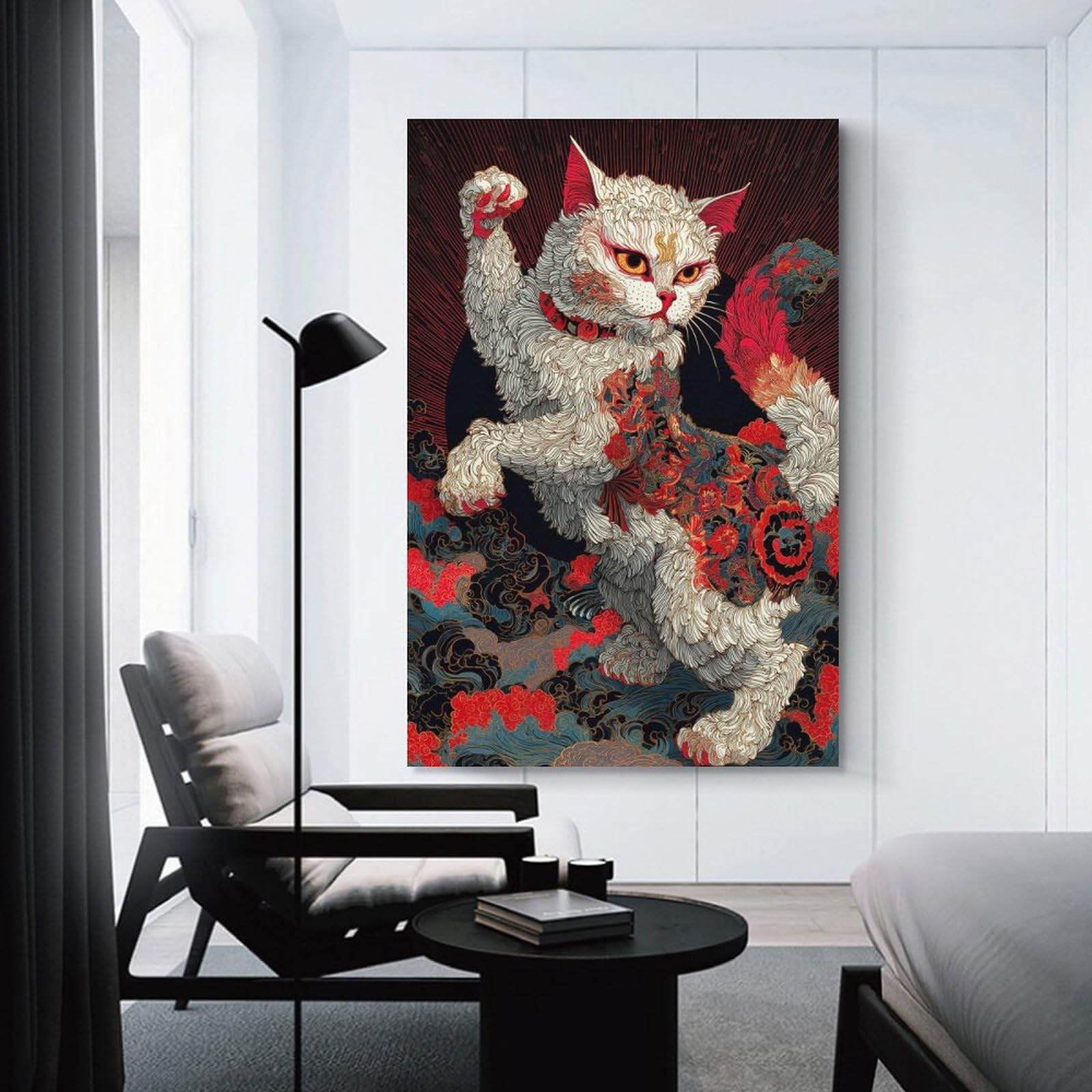 Junmoney Unframe-Style-19 Decorative Wall Artwork Ornate Cat Illustration With Japanese Style, 12X18inch(30X45cm), For Corridors, Hallways Or Apartment Entries, Wall Decor To Refresh Empty Corners