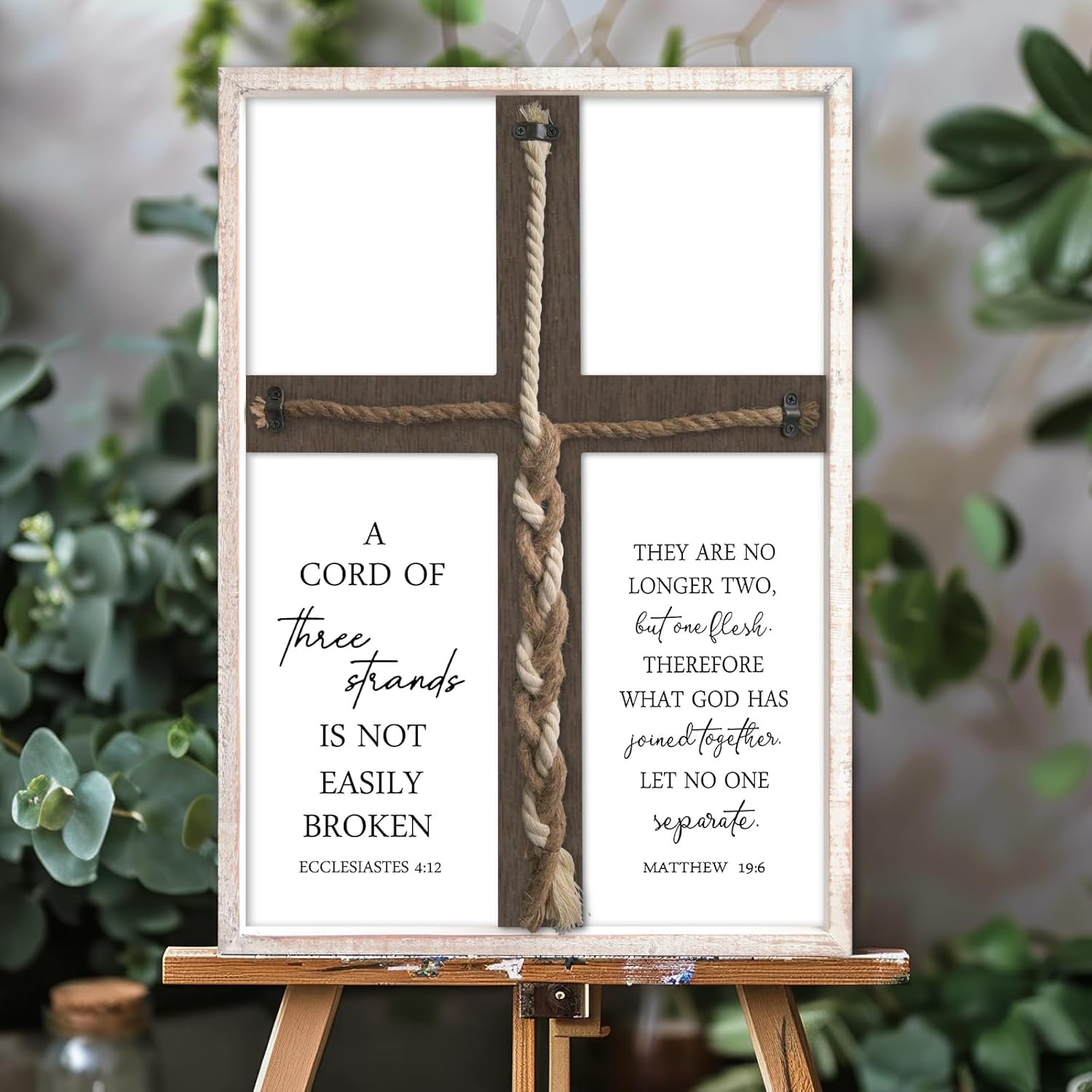 ZZJJHYWGQ A Cord of Three Strands Wedding Ceremony Unity Wall Decor Art 22"X16" Cross Braid Scripture Ecclesiastes 4:12 Sign for Couple Anniversary Christian Love Quotes Catholic Marriage (White)