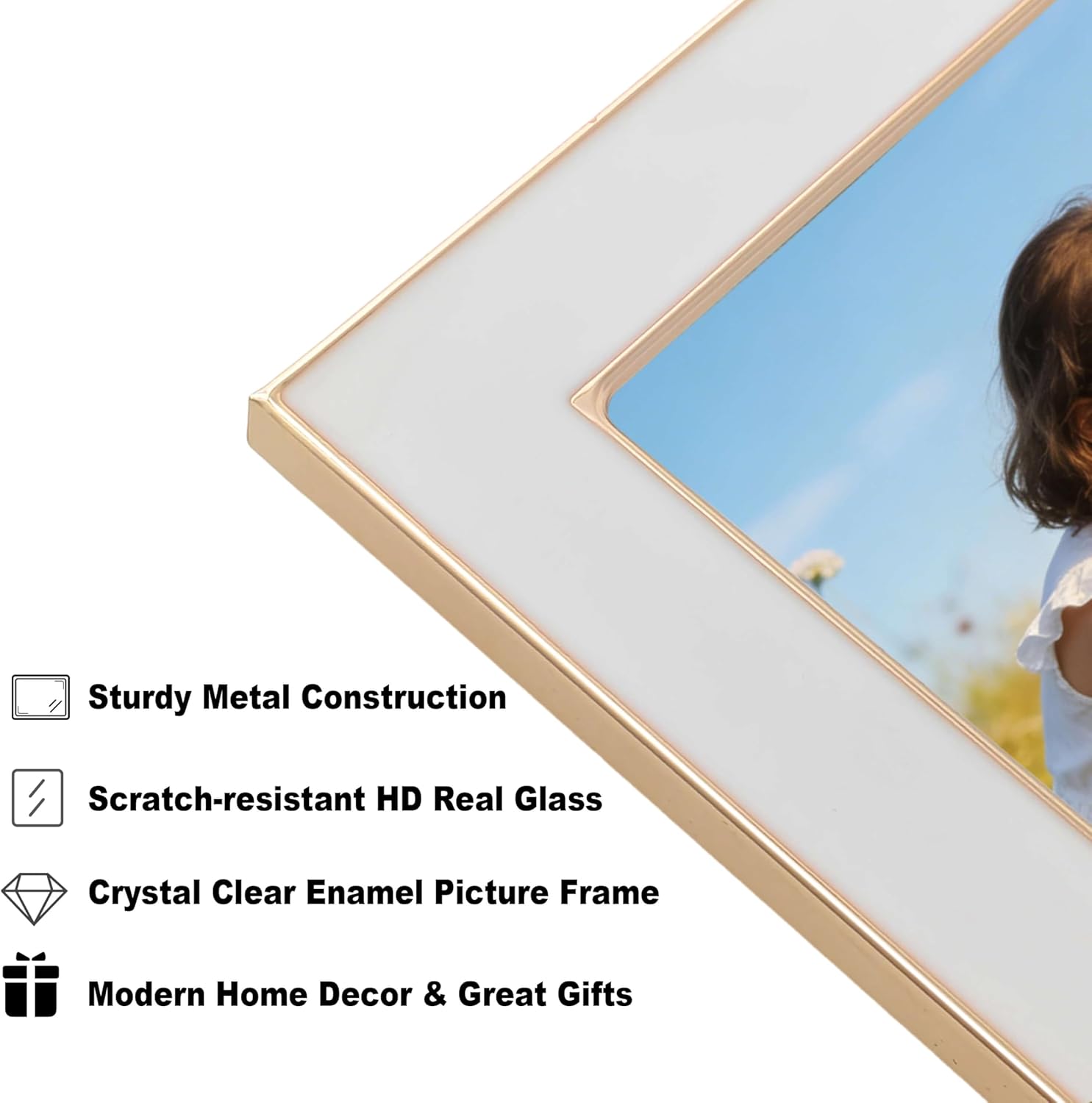 5x7 Double Picture Frame with White Enamel Finish, Gold Edge Metal Hinged Photo Frames, Real Glass Front Velvet Back, Display for Wall and Tabletop, Ideal for Wedding Couple Family Photos