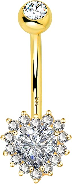 Melighting Belly Bars 14K Solid Gold Heart Clear Cubic Zirconia Center Belly Button Rings 14G Navel Bars Clear CZ Paved Belly Button Piercing Navel Ring Body Piercing Jewellery