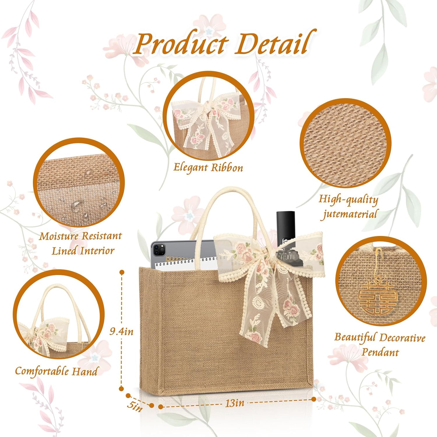 Burlap Jute Tote Bags with PE Lined Water-Resistant Interior, 13x9x5 Inch Reusable Bag for Beach, Shopping, Bridesmaid Gift - Image 4