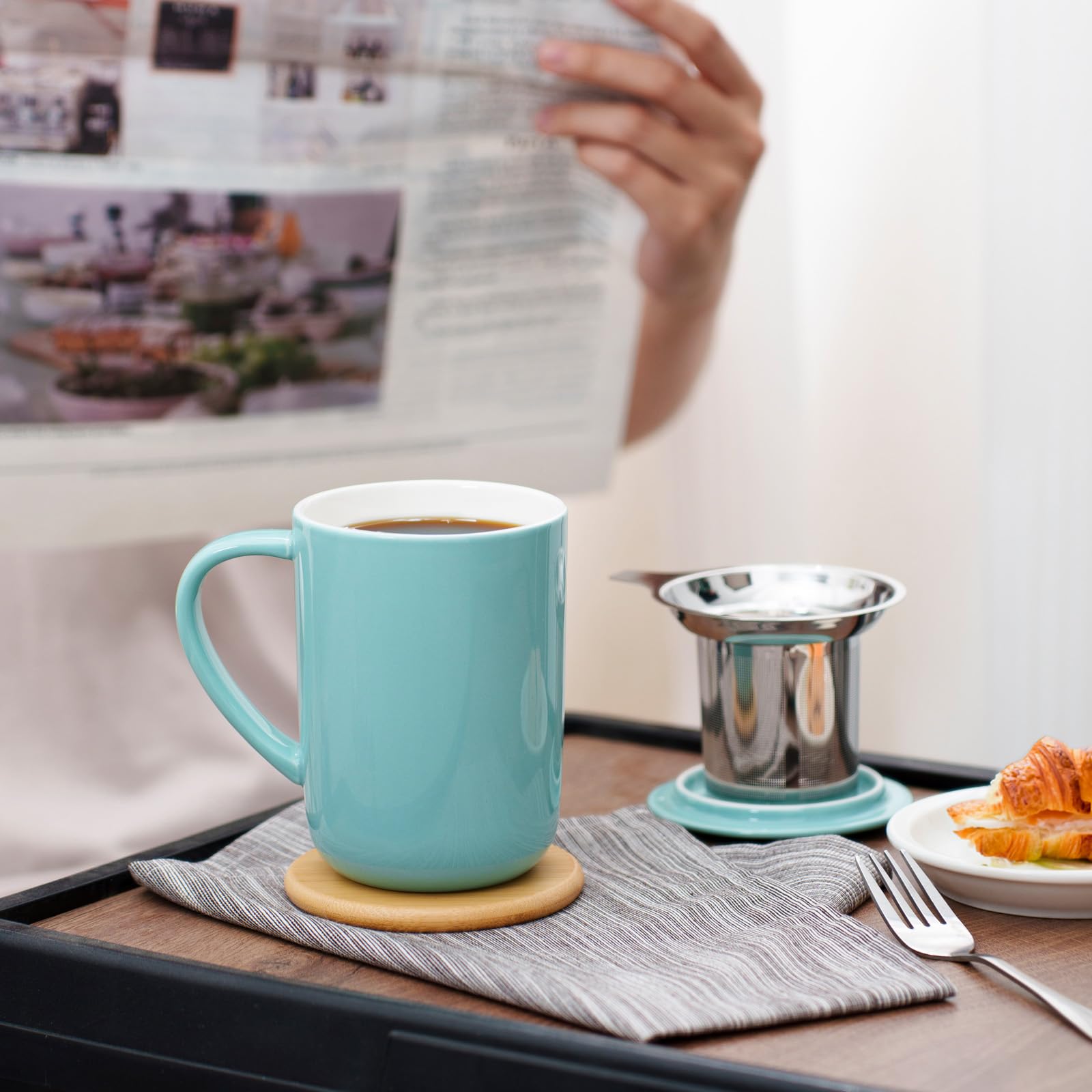 Tazza Da Tè In Porcellana Con Infusore E Coperchio – 453 Ml, Con Sottobicchiere In Bambù, Bianca - 3