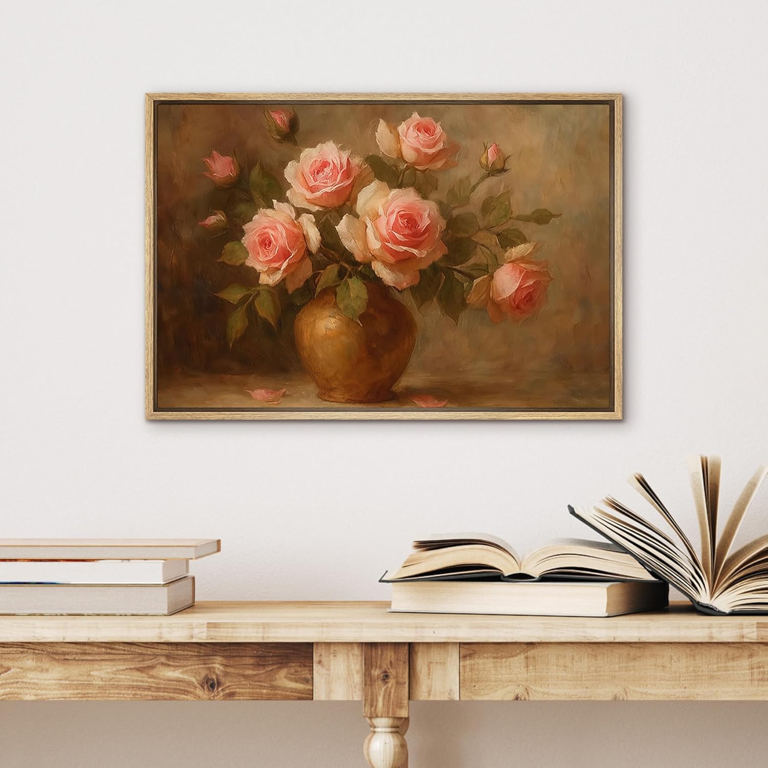 SIGNWIN Framed Canvas Print Wall Art Vintage Pink Roses in Vase Classic Floral Still Life Painting Illustrations Modern Art Multicolor for Living Room, Bedroom, Office - 16"x24" Natural