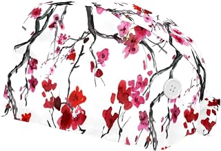 Watercolor Sakura Blossom 2 Pack Adjustable Working Cap with Buttons Elastic Bouffant Hats Head Scarf with Sweatband for Women Men