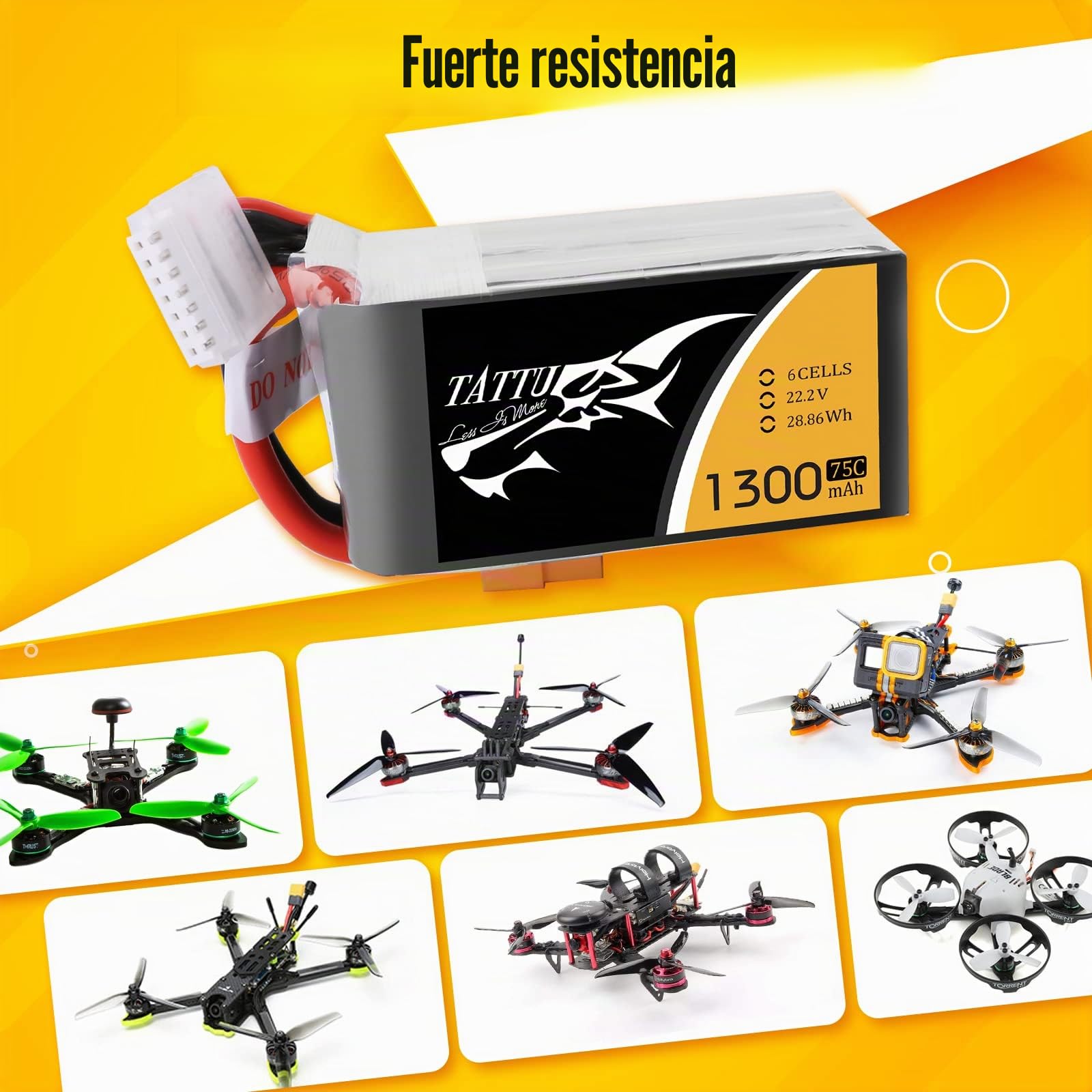 TATTU 6S Lipo 1300 mAh 22,2 V 75C Soft Case Lipo Batería con conector XT60 para UAV Drone FPV Carrera RC Quadrocopter