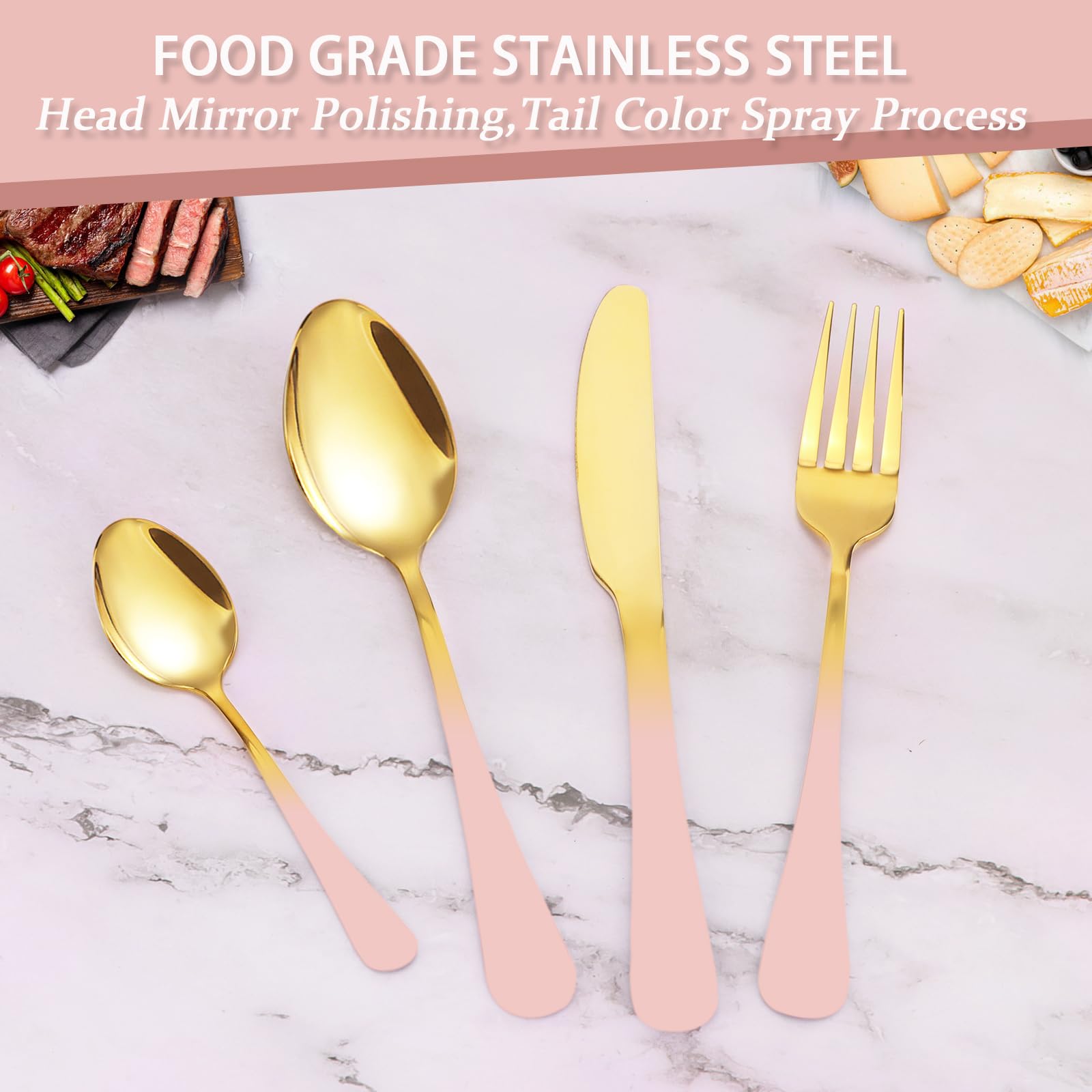24 Pieces Flatware Set, Stainless Steel Cutlery Set with Silverware Holder, Modern Gold Silverware Set Includes Dinner Knives Forks Spoons,Hanging Silverware Set Service for 6 (Pink)