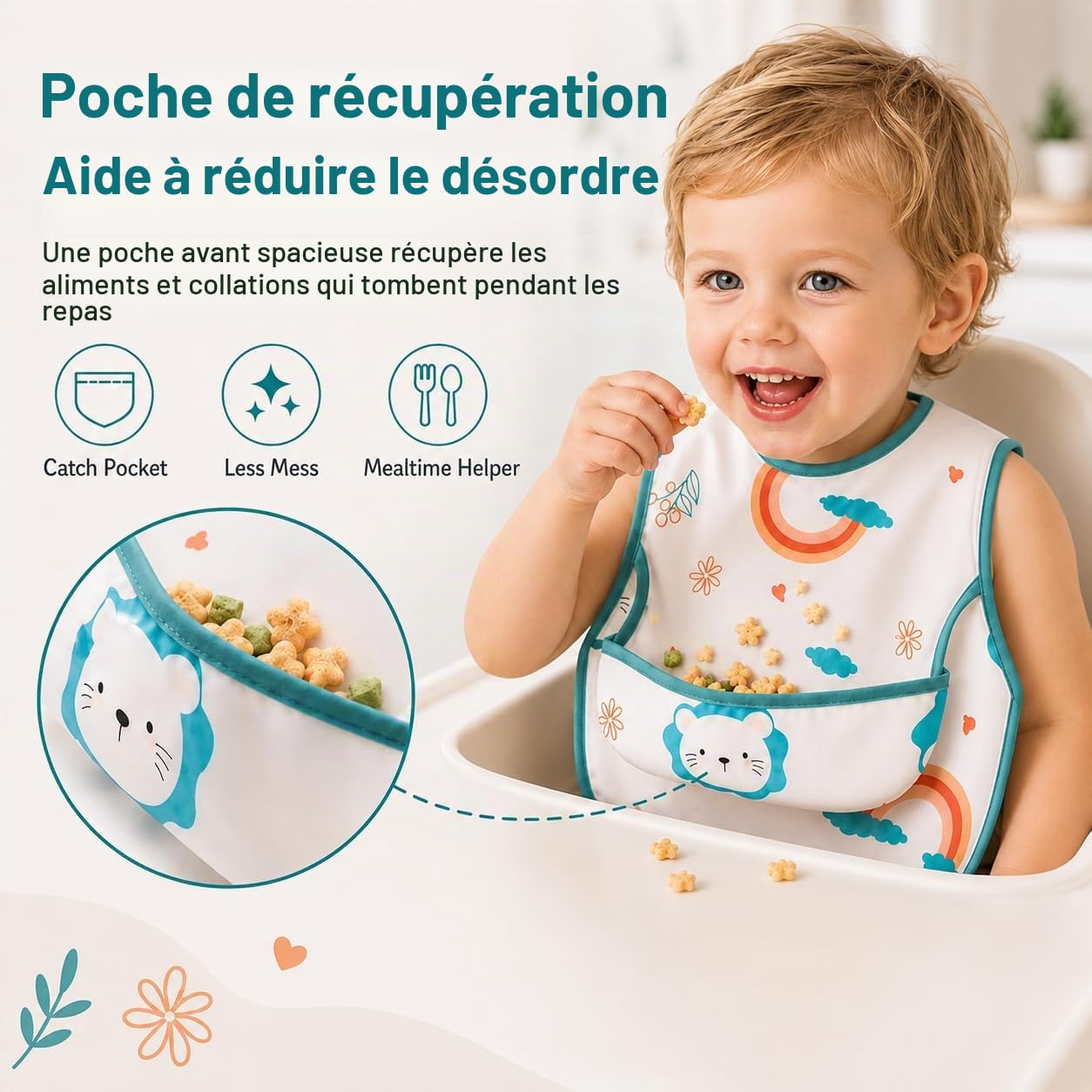 Lot de 3 Bavoirs Tablier Bébé Imperméables, Bavoir Plastique Enfant avec Poche Récupératrice, Tablier Repas Sans Manches, Bavette Bébé Facile à Nettoyer pour Manger, Peindre, Jouer, 2-4 Ans