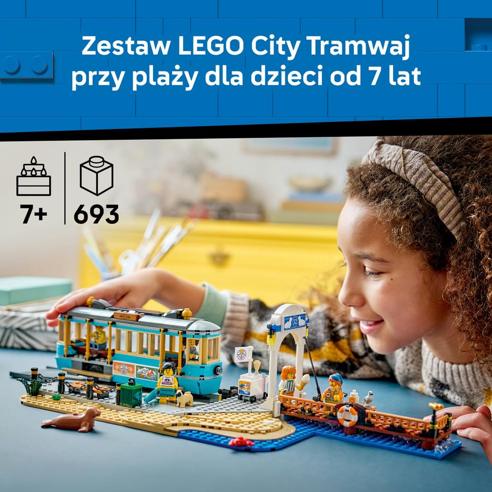 LEGO City Tramwaj przy plaży, zabawka konstrukcyjna, pociąg dla dzieci, 5 minifigurek i figurki zwierząt, prezent dla chłopca lub dziewczynki w wieku od 7 lat 60506