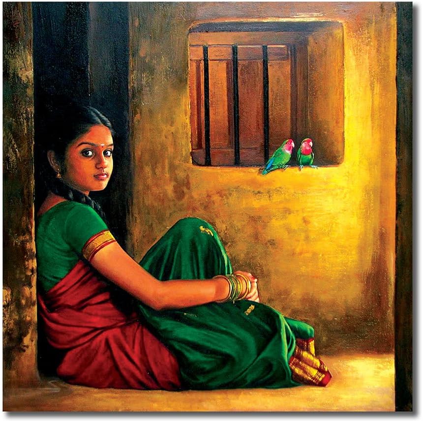 MKB555MKB555 - Digital Canvas Painting - Classical young women of Tamil - For Your Beautiful Space - Canvas Painting Suitable Size 12X12 inches ½ inch Additional Border Each Side.