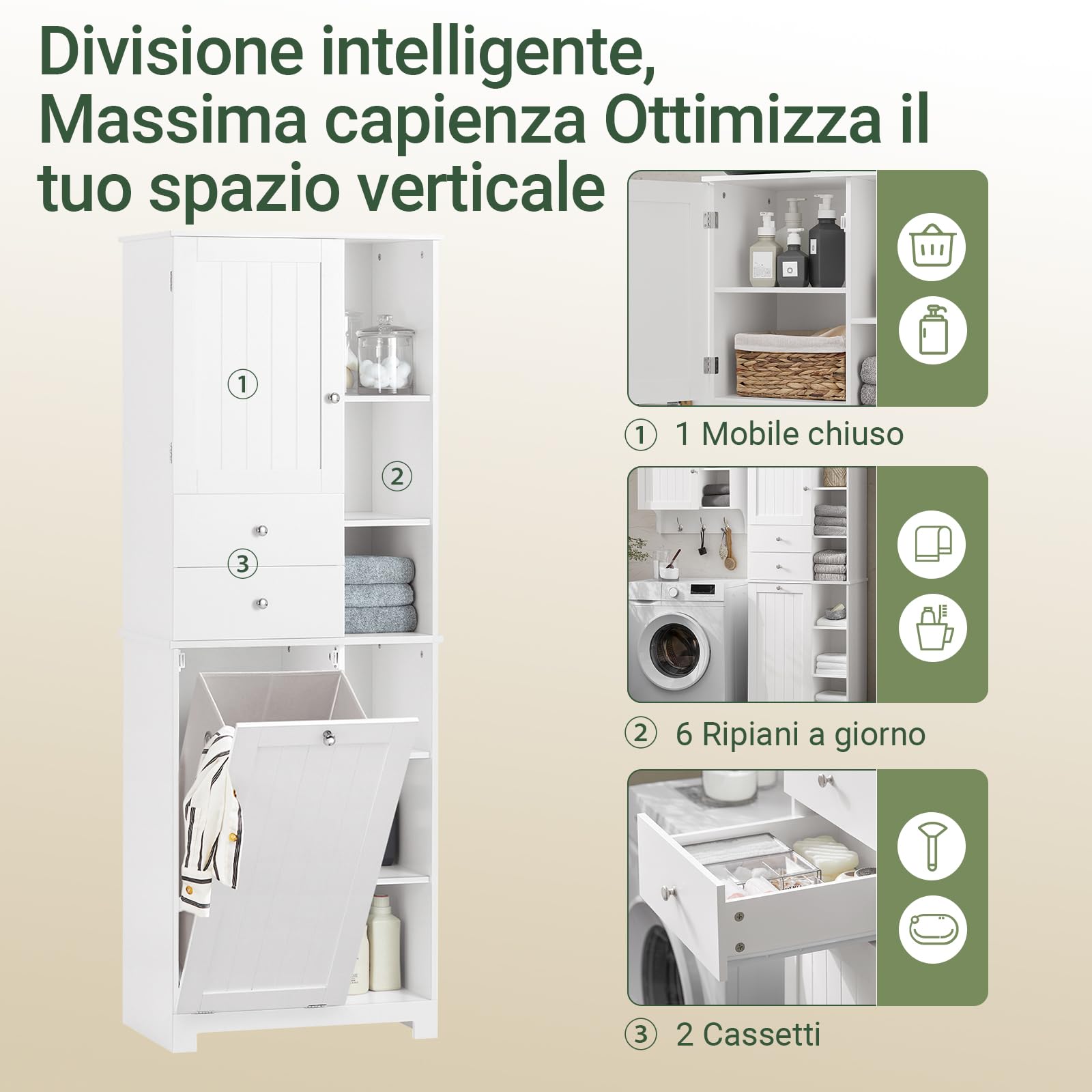 SoBuy Mobile Bagno con Cesto per Linge Mobile Rangemento Alto Armadio Bagno con 6 Ripiani e 2 Cassetti Mobiletto Salvaspazio Bianco 60x37x171 cm BZR104-W