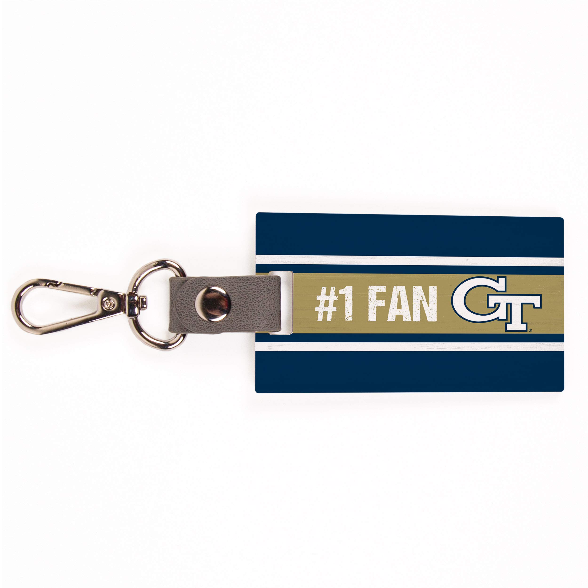 Georgia Tech Number One Fan 3.5 x 2 MDF Wood Faux Leather Metal Key Chain Bag Tag