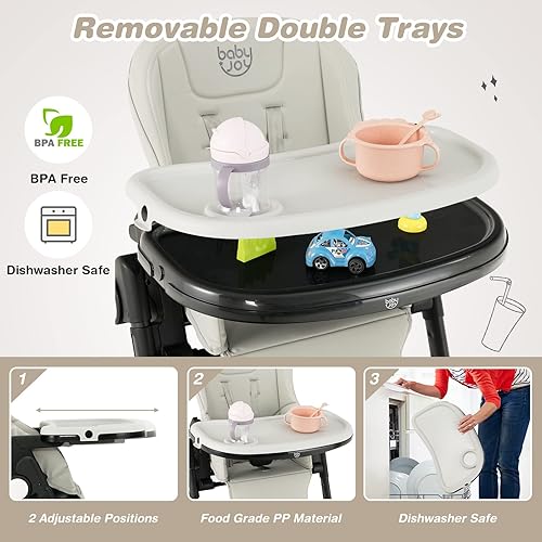 Miniatura 3 de BABY JOY Silla alta para bebés y niños pequeños, silla alta plegable con respaldoreposapiésaltura del asiento, bandejas dobles extraíbles, cojín de