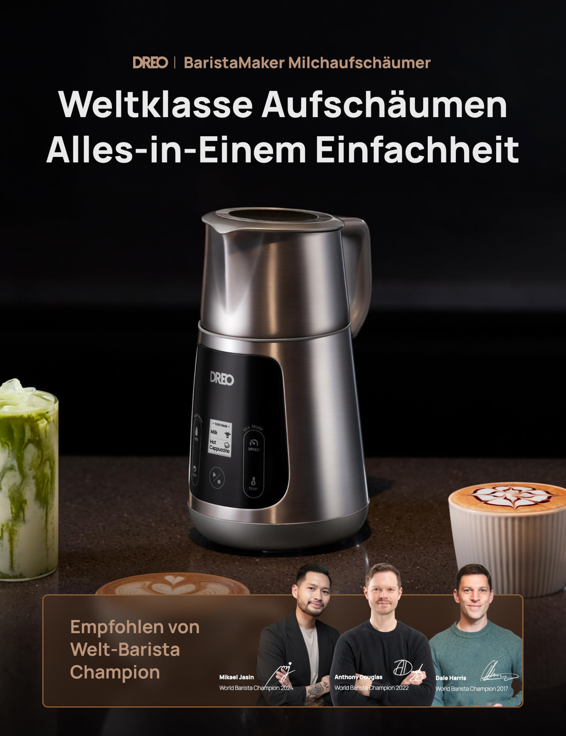 Dreo Milchaufschäumer Elektrisch [Verbessert], All-in-1 450ml Elektrischer Milchschäumer für Latte, Cappuccino, Heiße Schokolade, über 30 Getränke, Leicht zu Reinigen, Spülmaschinenfest, LED-Anzeige