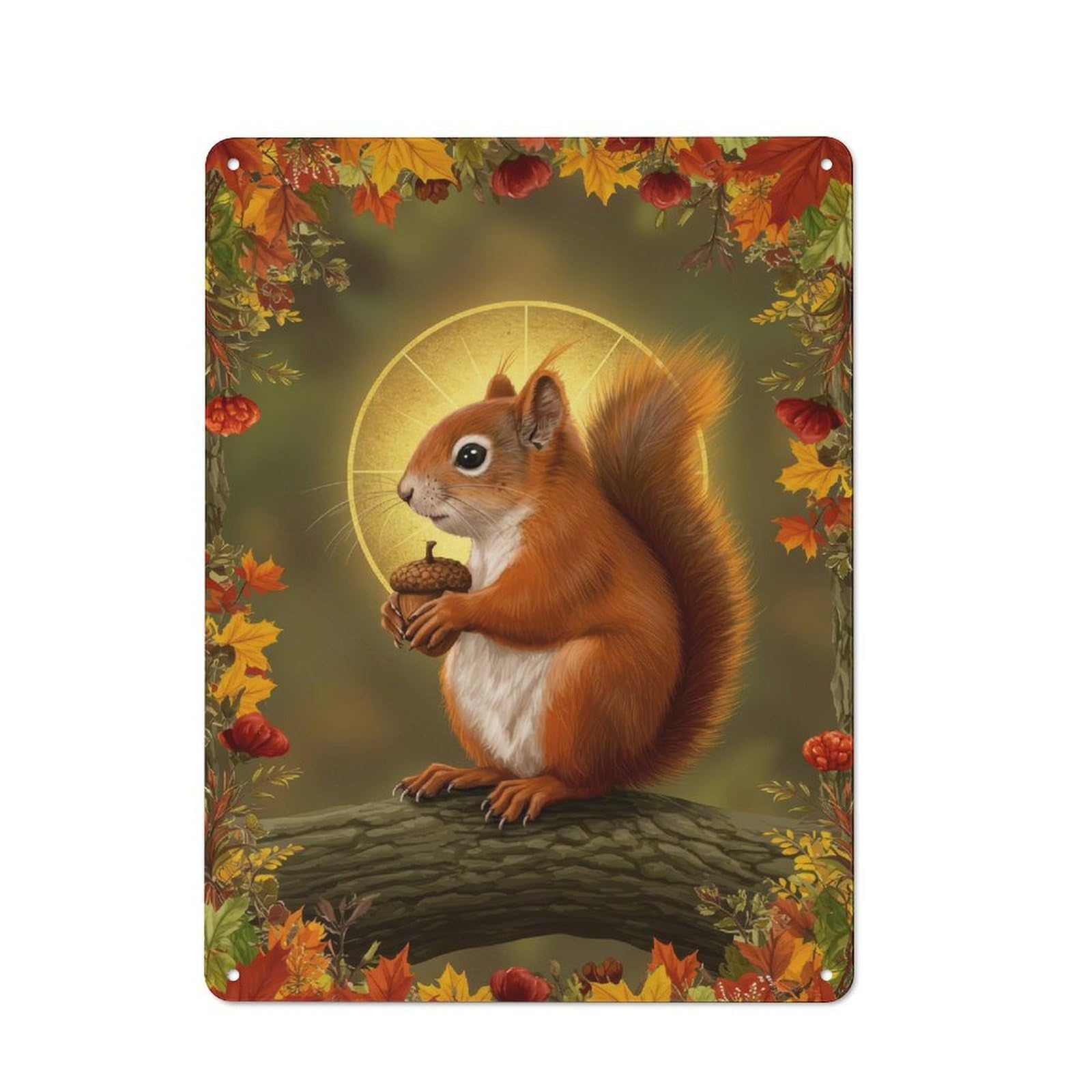 Junmoney Squirrel With Acorn In Autumn Frame Classic Decorative Tin Plaque 40X30cm, Bar Wall Plaque For Diner, Restaurant, Shed Or Kitchen