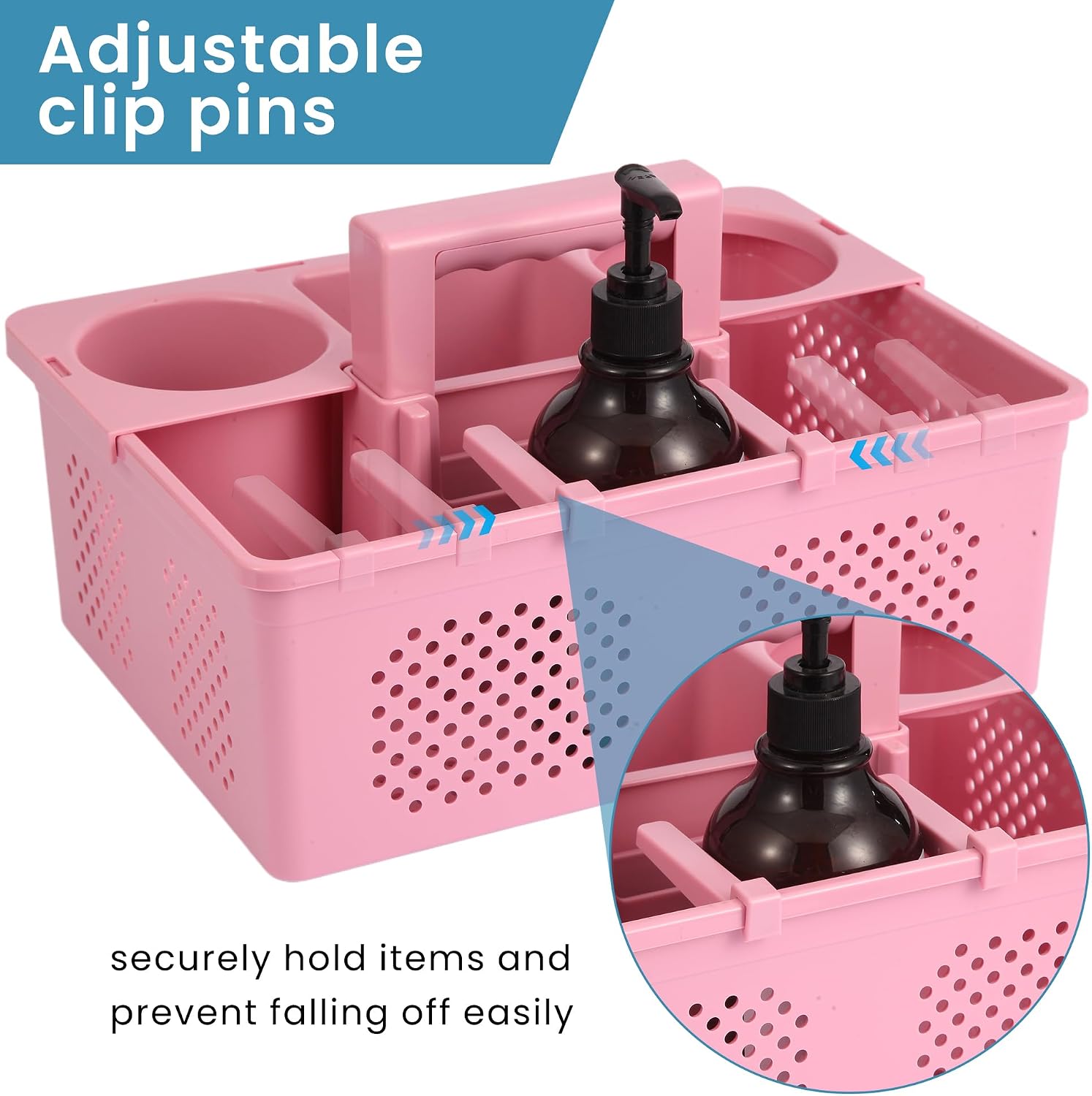 KMV Portable Shower Caddy Dorm: Features handles and adjustable compartments，Ventilation and Drainage Hole Design Cleaning Basket，ideal for toiletries， Essential for college dorms-pink