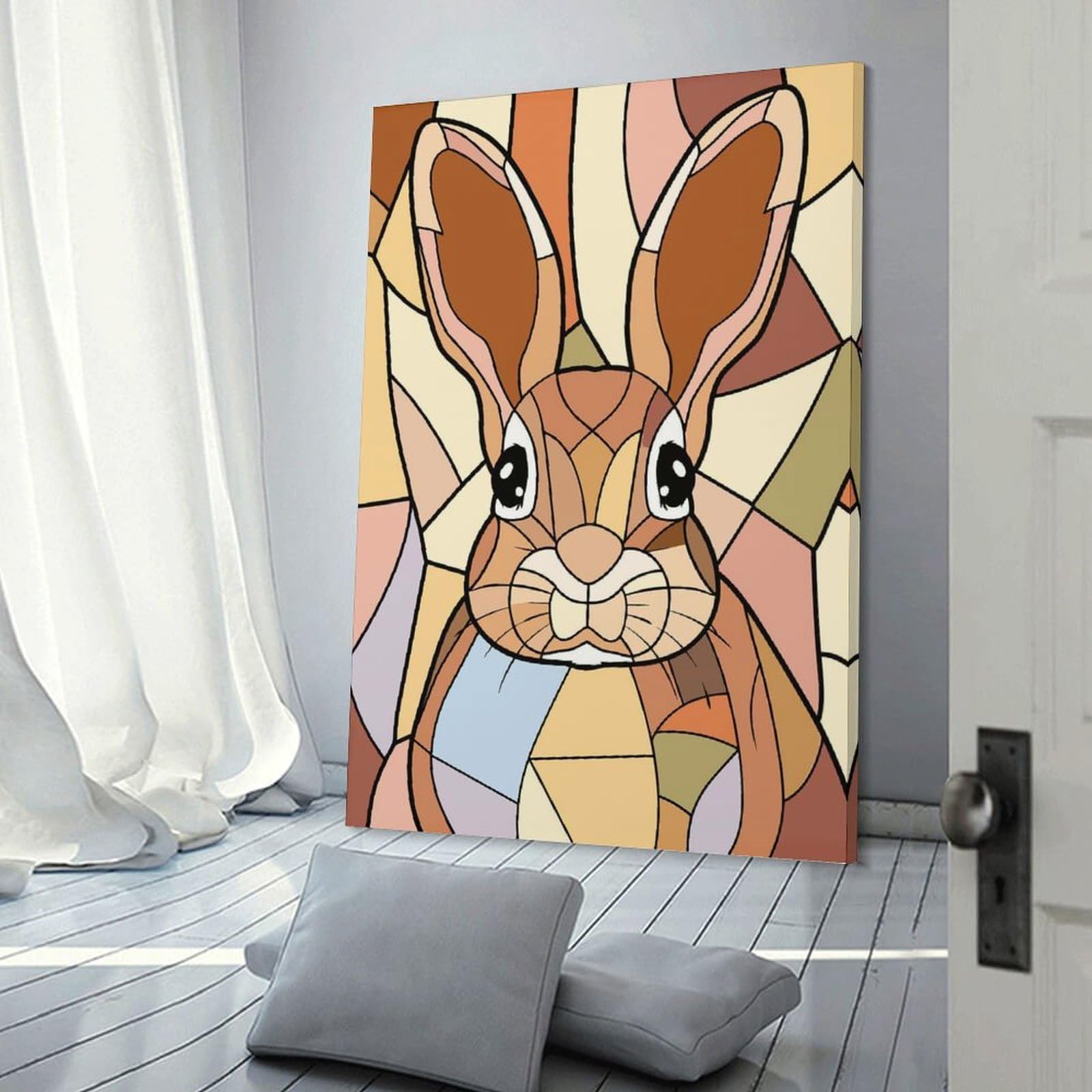 Junmoney Frame-Style-18-1 Stained Glass Rabbit Portrait Hanging Wall Art, 12X18inch(30X45cm), For Gallery Wall Decor And Room Displays, Home Wall Art For Statement Displays