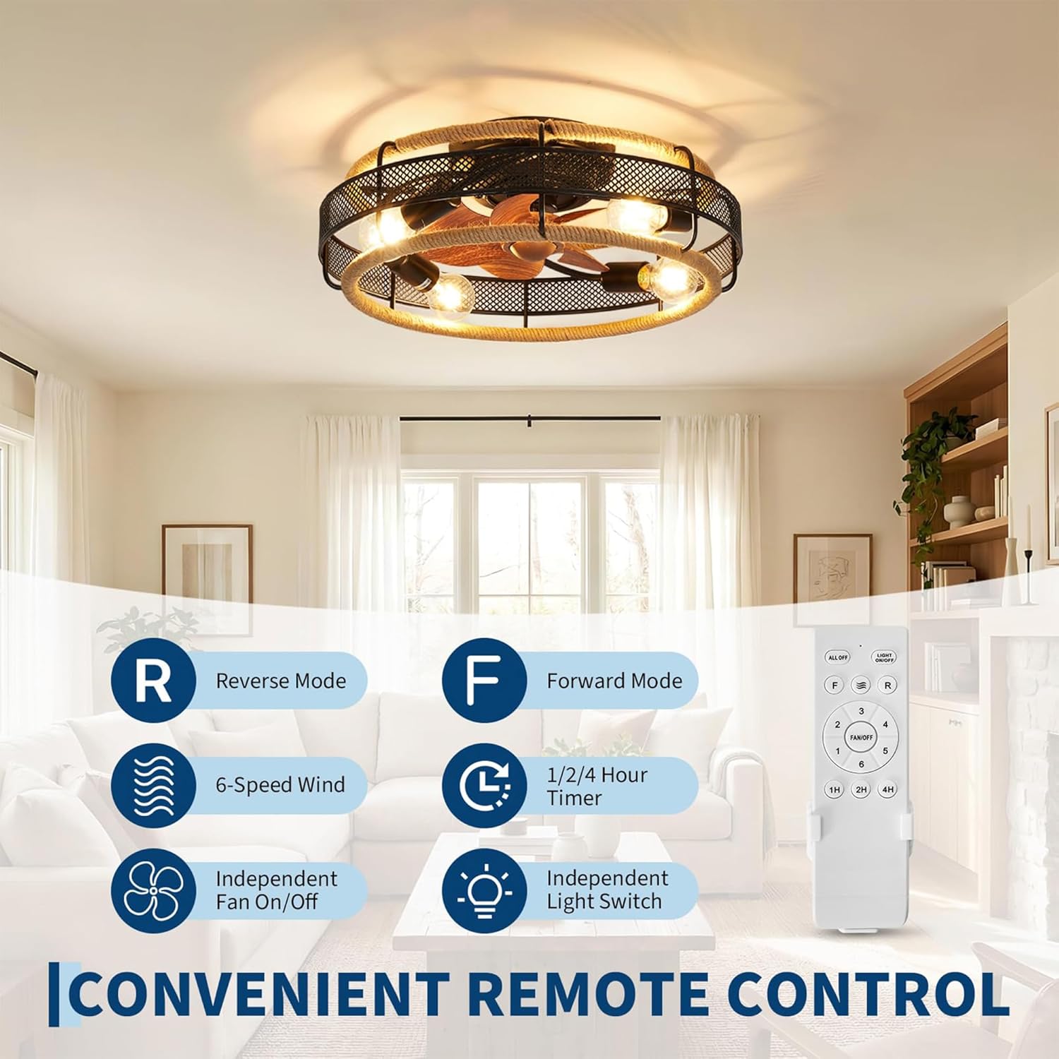 20'' Boho Caged Ceiling Fan with Light & Remote, Flush Mount Rattan Fandelier, 6-Speed Reversible Quiet Motor, E26 Base, Farmhouse Low Profile Ceiling Fan for Bedroom, Living Room