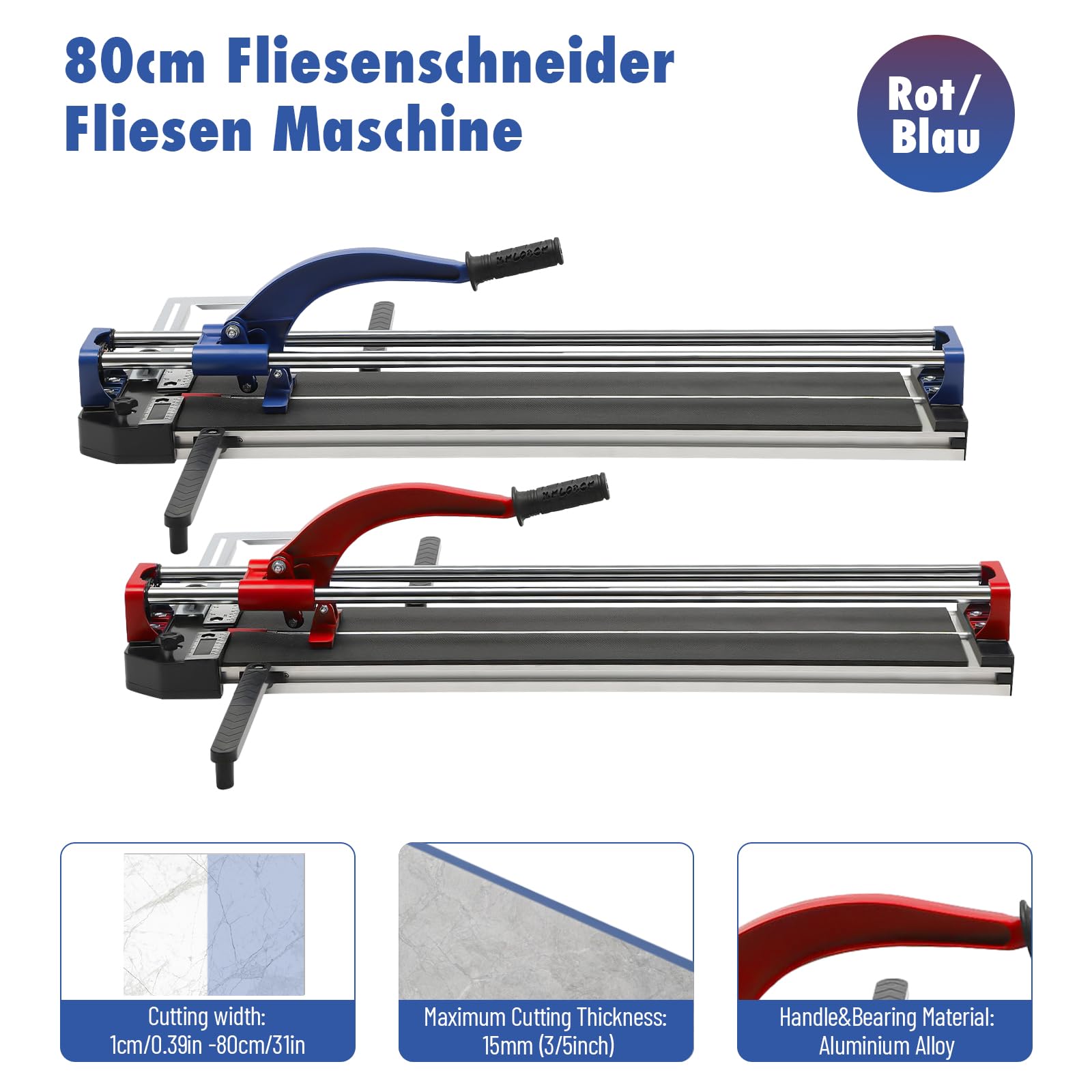 Tagliapiastrelle manuale da 80 cm con laser a infrarossi, YG96 in lega di tungsteno, tagliapiastrelle a doppio binario per piastrelle in ceramica da 4-15 mm, blu