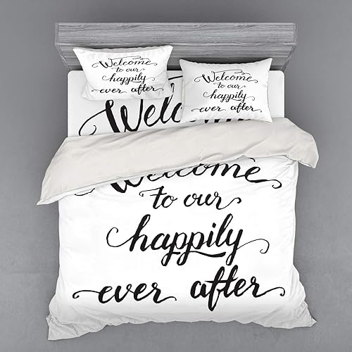 Miniatura 5 de Ambesonne Saying Duvet Cover Set, Vintage Fountain Pen Lettering Wedding Welcome to Our Happily Ever After, 3 Piece Bedding Set with Sham and Fitted