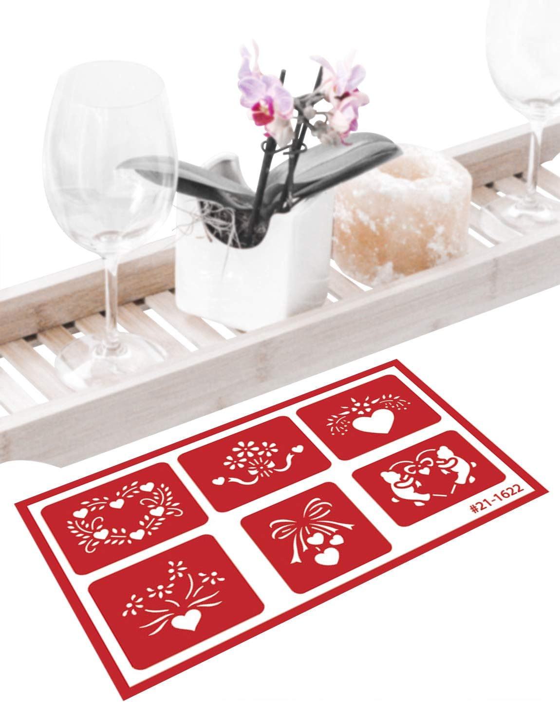 4 Reusable Glass Etching Stencils - Heart, Floral, Star, Circle Borders and Patterns Theme Stencil - Set includes Brush, Total 5 Items