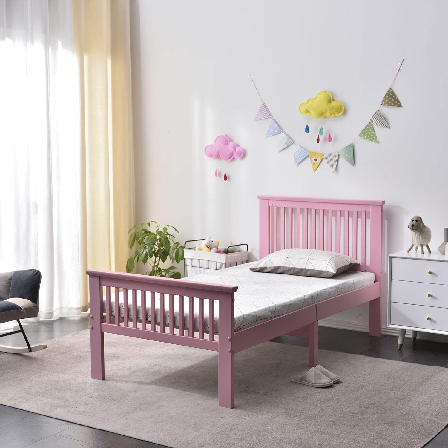 Twin Solid Wood Platform Bed with Headboard/Pine Twin Bed (Pink)