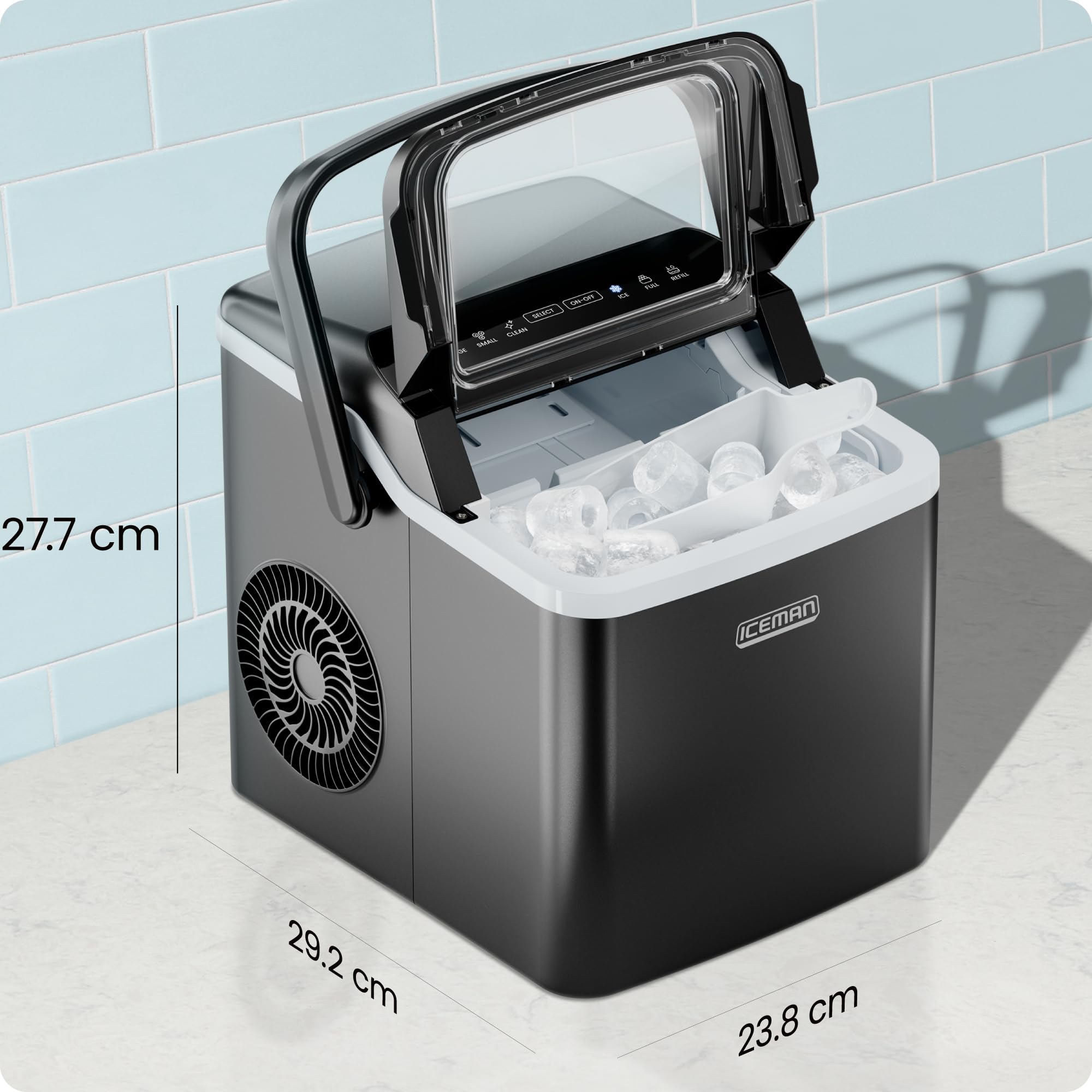 Iceman Macchina del Ghiaccio 10 kg/24h, 9 Cubi in 7 Min, Doppia Dimensione | portatile, autopulizia, per casa, cucina, ufficio e feste, paletta inclusa