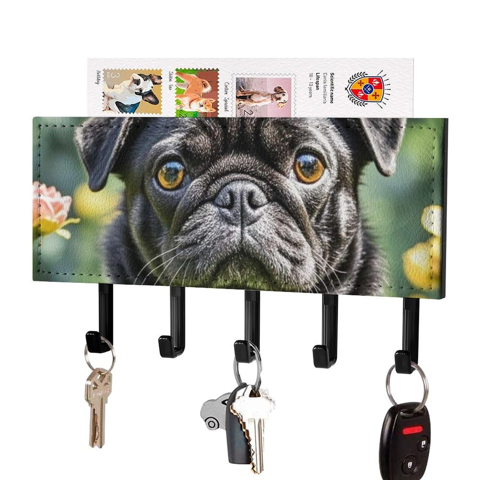 Fekiloot Black-Style Cute Black Pug Dog Key Holder Wall Mount Key Hanger With 5 Hooks Decorative Key Rack Hanging Key Hooks With Mail Organizer Key Holder For Wall Living Room Kitchen Bathroom Hallway Black