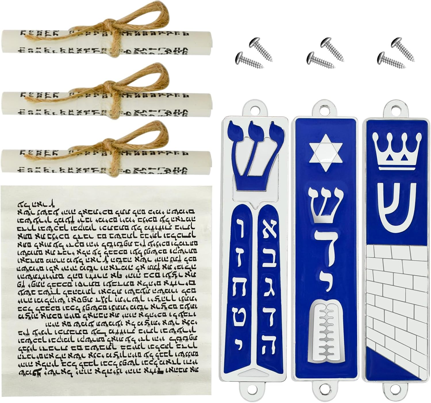 MrMrKura Set of 3 Mezuzah with Scroll for Door, Jerusalem Mezuzah Case with Star of David Ten Commandments Torah Crown Blue Silver Case for Jewish Gifts, Jewish House Warming Decor, Christmas, Easter
