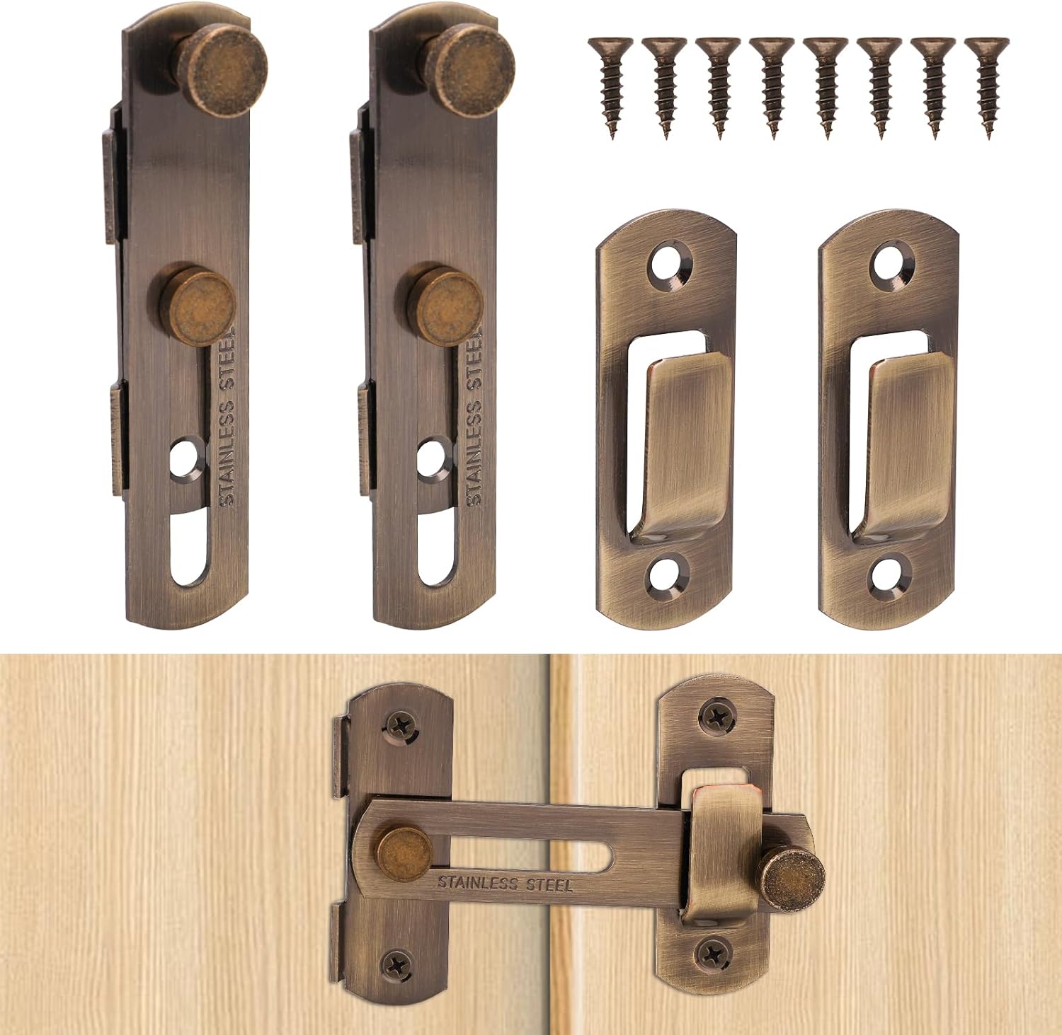 2pcs Barn Door Lock, Stainless Steel Sliding Door Latch 180 Degree Flip Door Locks and Latches Multiple-Use Door Hardware for Garage Gate Bathroom Cabinet Bedroom (Bronze)