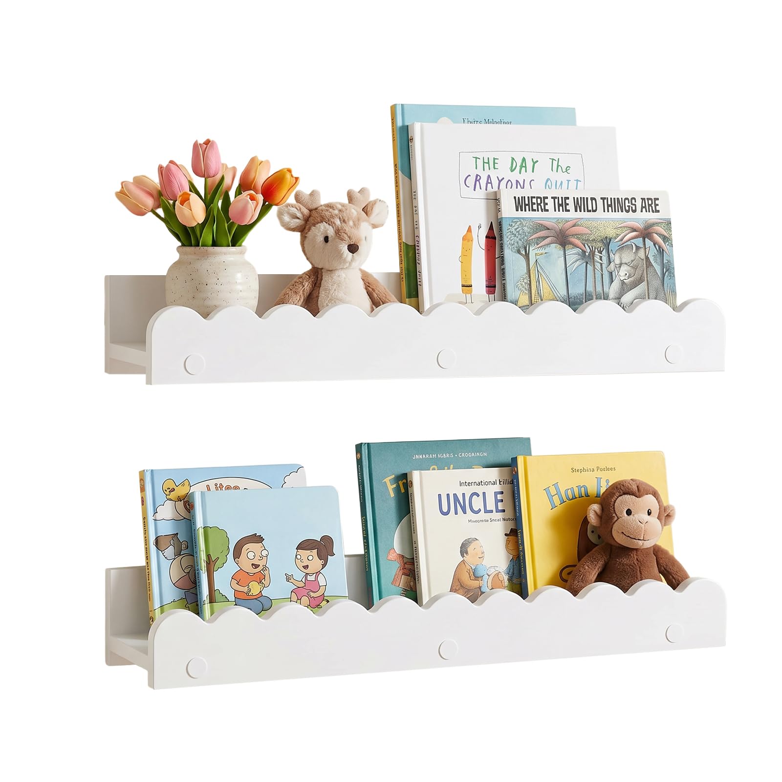 CLKUEH 2 Pcs White Nursery Book Shelves, Scalloped Shelves Wooden Floating Book Shelf Wall Bookshelf for Toddler Bedroom Nursery Decor Room