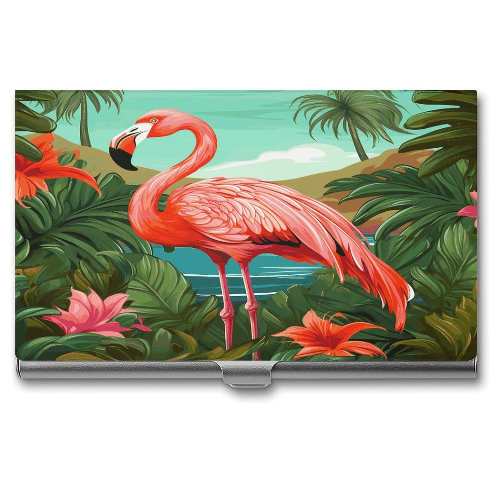 LDGSUPH Tropical Flamingo Business Card Holder Fashion Slim Name Card Holder Minimalist Design Case Metal Card Carrier Personalized Business Card Case with Flip for Men Women