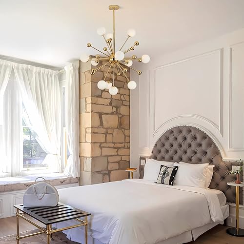 Miniatura 19 de KCO Lighting - Lámpara de araña moderna Sputnik con globo dorado, 18 luces, bola de vidrio de leche, iluminación colgante redonda, lámpara