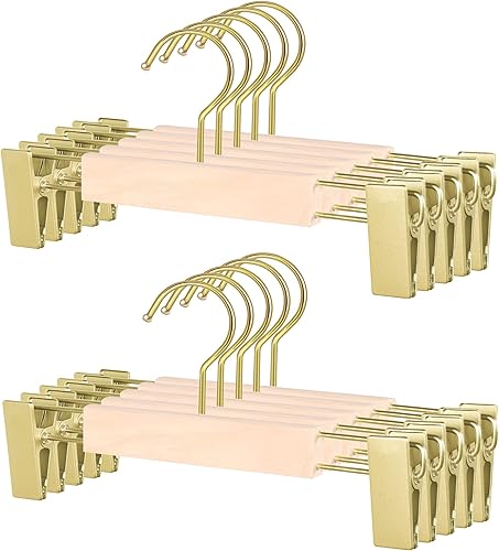 10 perchas de madera para niños, perchas doradas naturales para niños con clips dorados para ropa de niños pequeños