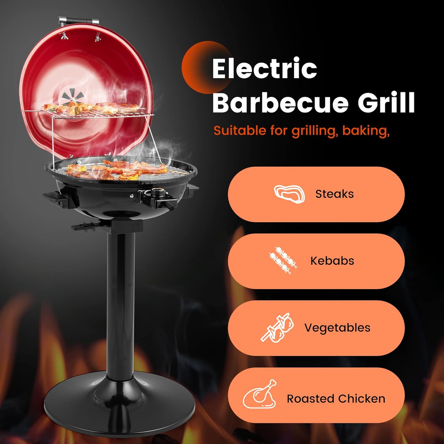 ORALNER Electric BBQ Grill with Stand, Warming Rack & Drip Tray, 15-Serving Electric Griddle Indoor & Outdoor Cooking Grilling Portable Patio Grill, for Balcony, Garden, Apartment, 1600W (Red)
